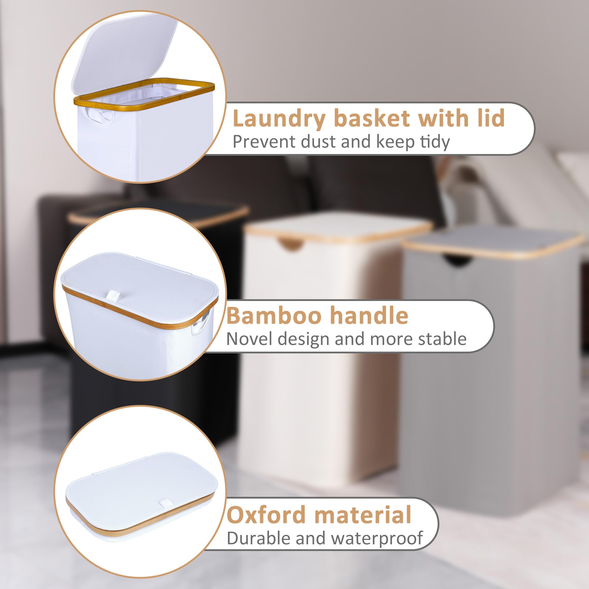 Iegrow 60L Slim Laundry Hamper, Narrow Laundry Basket With Lid,Foldable Clothes Hamper With Bamboo Handles,Hamper Basket With Re