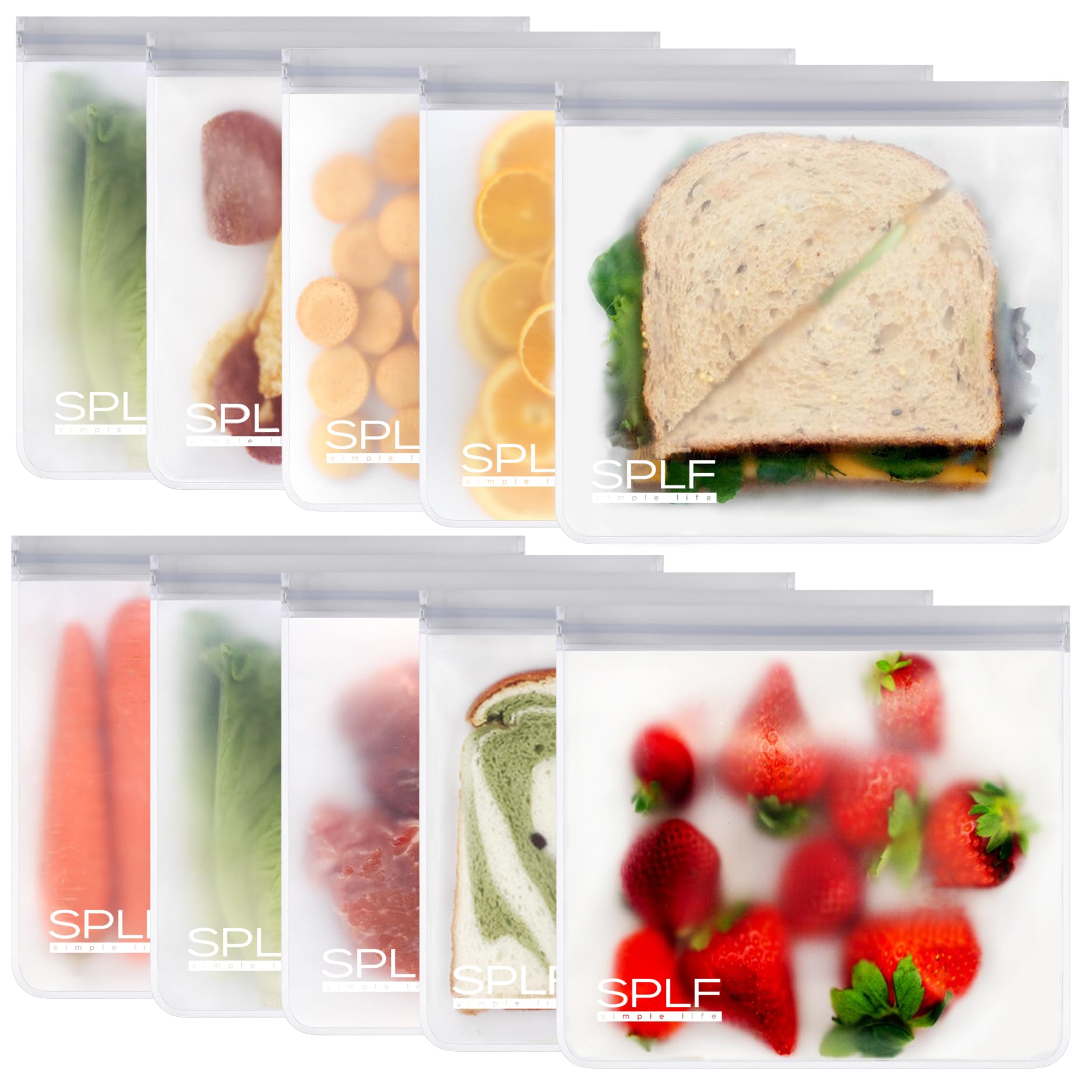 SPLF 10 Pack Reusable Sandwich Bags Dishwasher Safe, Reusable Quart Freezer Bags, Extra Thick Leakproof Food Storage Bags Silico
