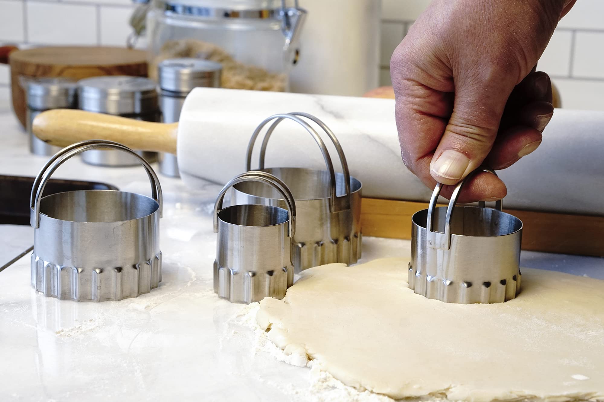 RSVP International Stainless Steel Biscuit Cutters Set of 4 - Round-ribbed, High Handle Arch for Thick or Thin Dough, Model 8006