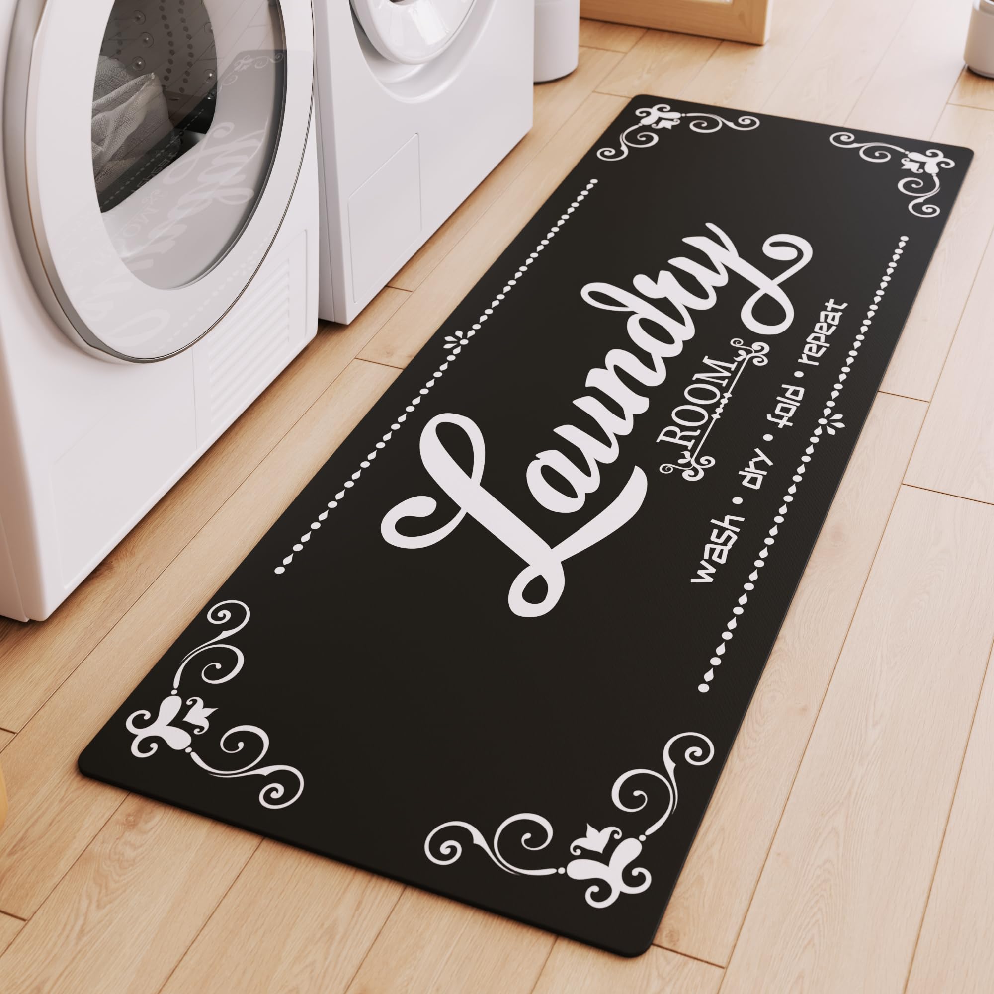 Laundry Room Rug Runner, 17.7x45 Non Slip Laundry Rugs, Black Farmhouse Washable Floor Laundry Mats for Laundry Room, Mudroom, K