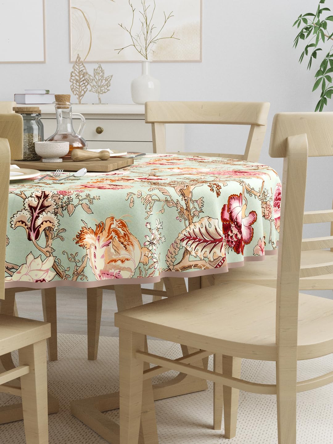 Clasiko 100% Cotton 6 Seater Round Table Cover; 72x72 Inches; Multicolor Flowers On Green