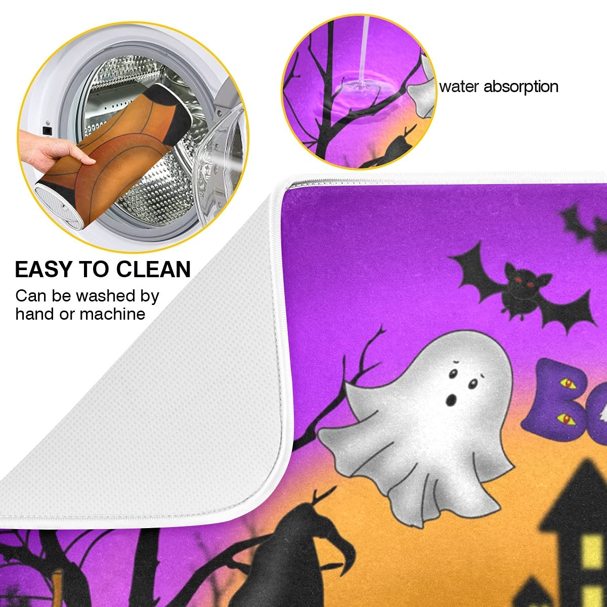Happy Halloween Pumpkin Ghost Dish Drying Mat 16X18 For Kitchen Counter Witch Skull Purple Reversible Dishes Pad Dish Drainer Ra