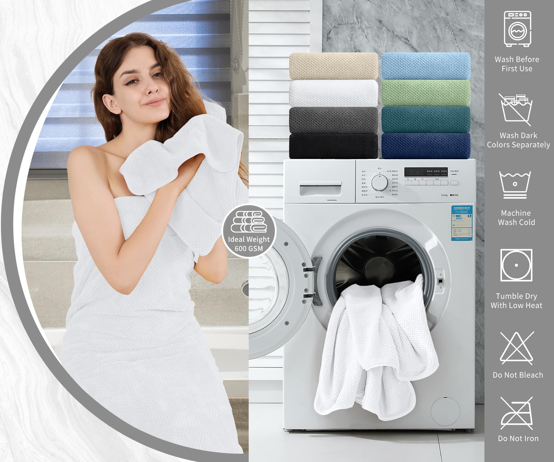 8 Piece Bathroom Towel Set White |2 Oversized Large Bath Towels Sheet,2 Hand Towels And 4 Washcloths| 600Gsm Ultra Soft Luxury P