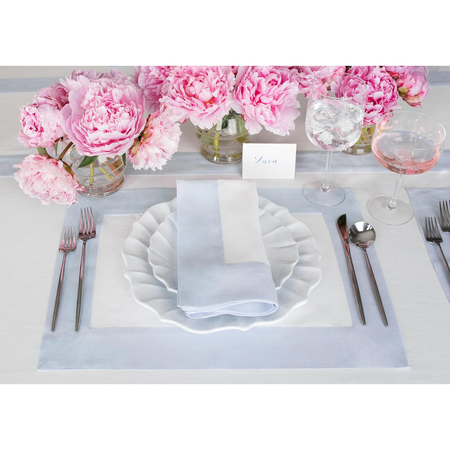 Solino Home Linen Placemats Set Of 4-100% Pure Linen Cloth Fabric Placemats Light Blue And White - 19'' L X 14'' W Inch Washable