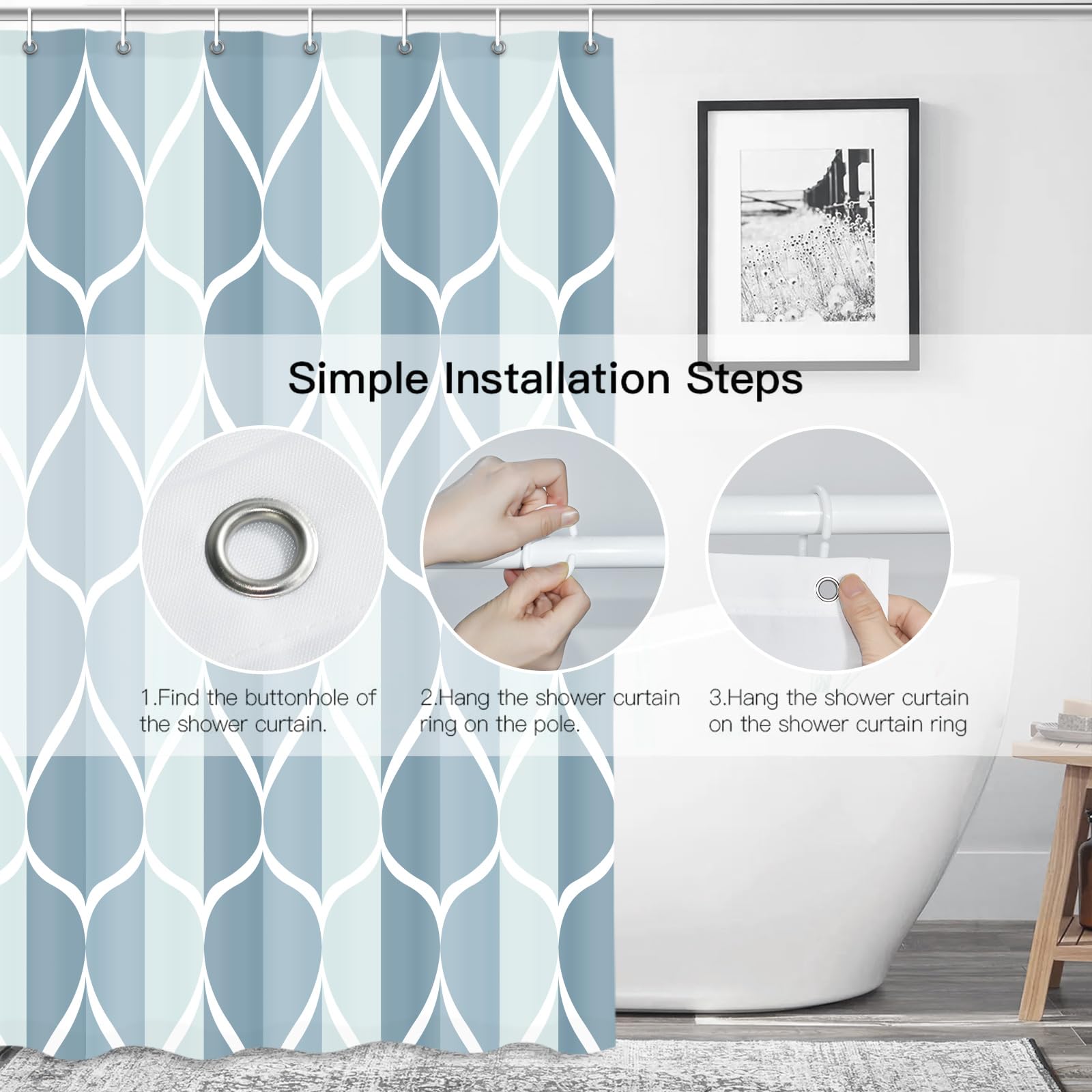 Gelbchu Dark Blue Geometric Shower Curtain  Waterproof Design and Polyester  Quick-Drying  Weighted Hem  Blue Fabric Shower Curtains Set for Bathroom W 72 x H 72  Durable and Washable with 12 Hooks