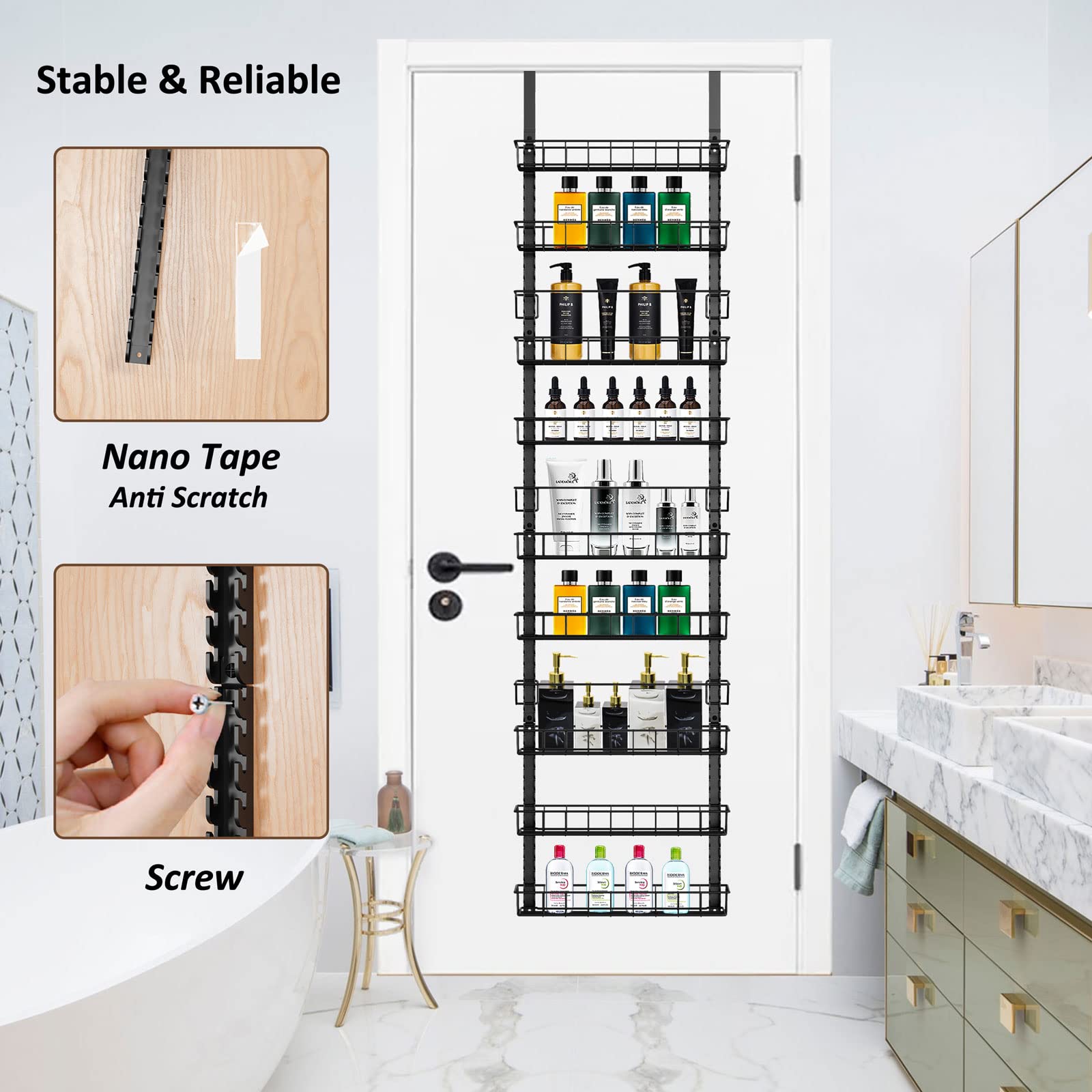 Churboro Over the Door Pantry Organizer Rack with 9 Adjustable Baskets, 9 Tiers Dual-use Hanging or Wall Mount Spice Rack Organi