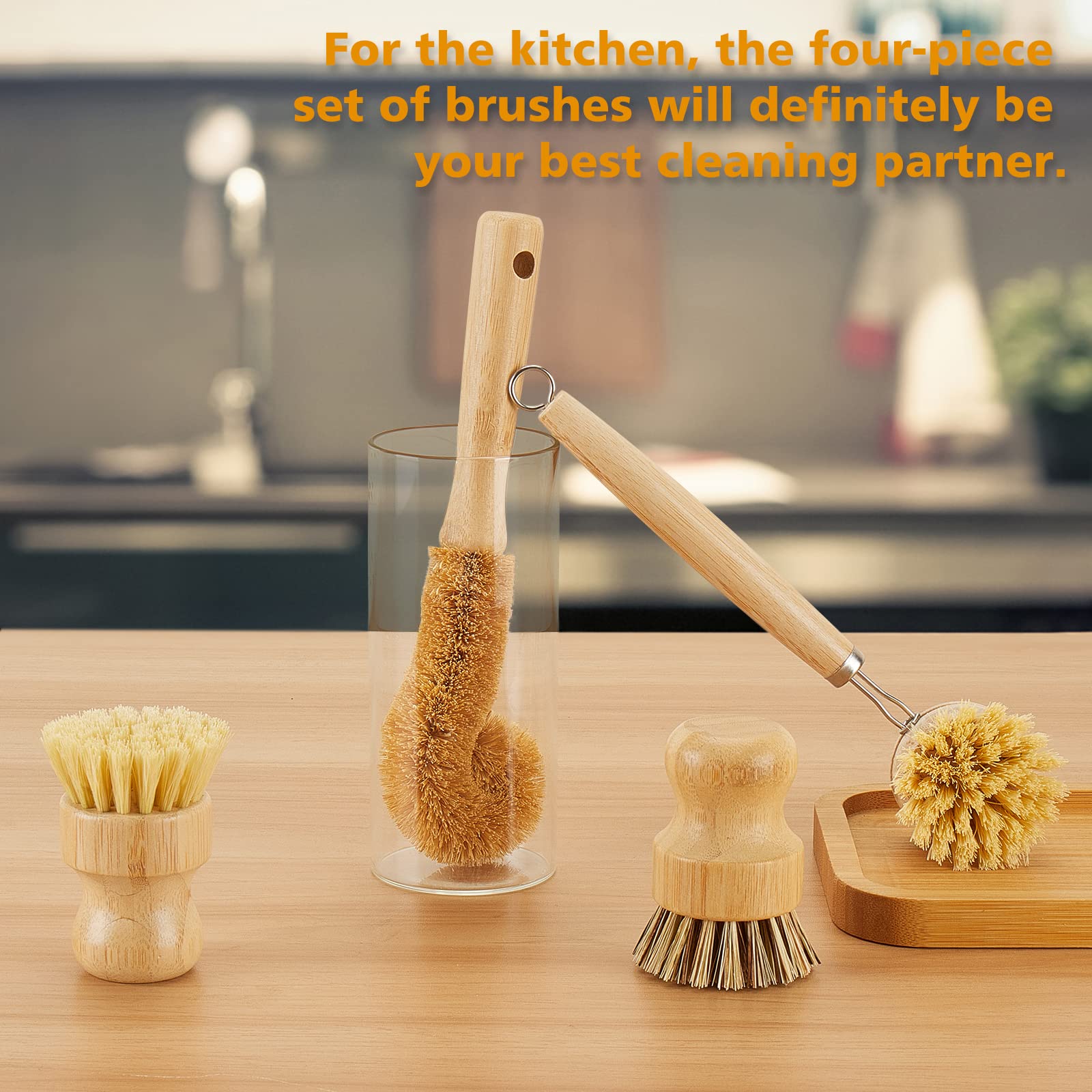 Samebuteco Bamboo Dish Brushes Sets 4 Tools In One Kitchen Clean Dish Scrubber For Pots Pans Bottles With Natural Bristles (Bamb