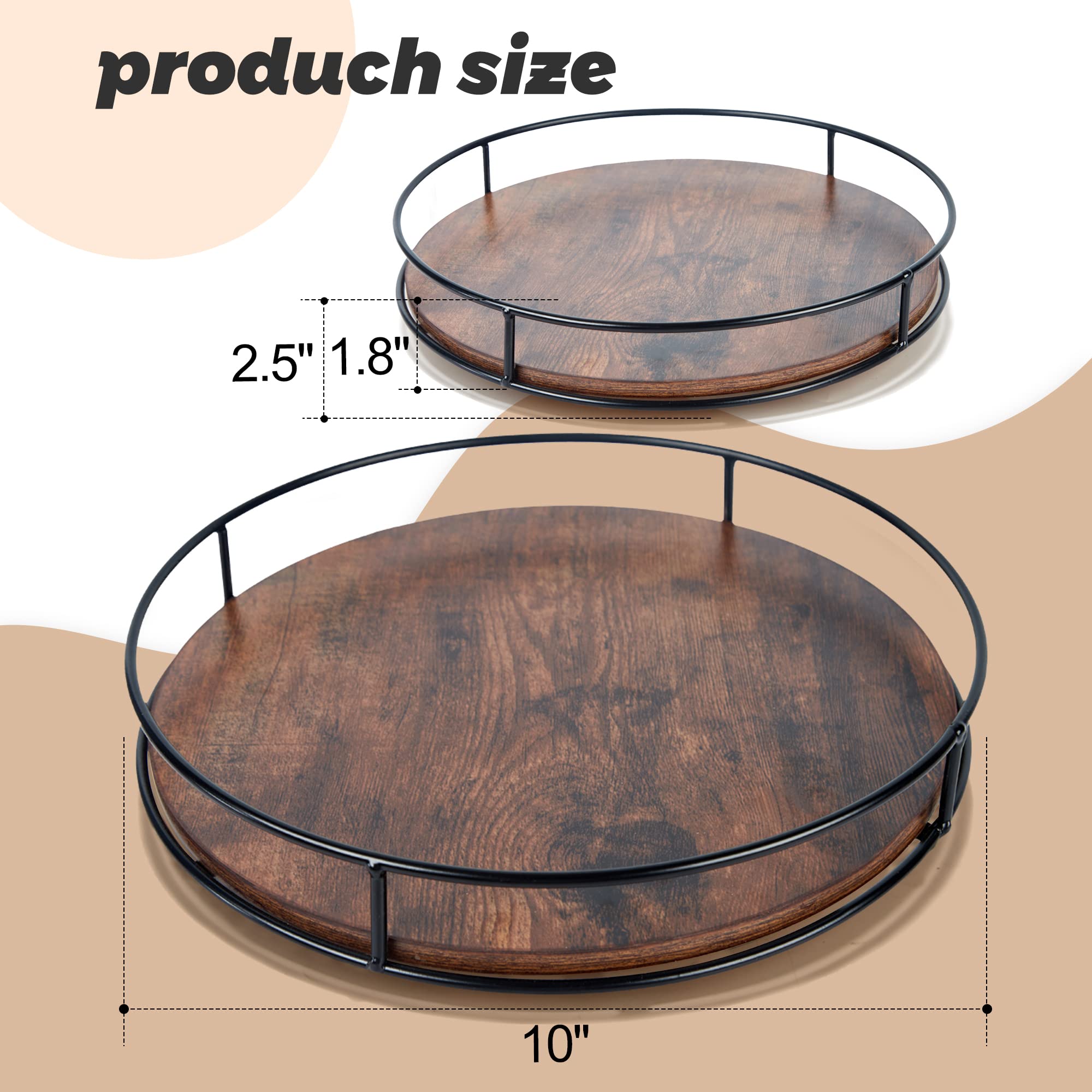 10 Inch Wood Lazy Susan Turntable For Table, Kitchen Rustic Brown Turntable Organizer With Steel Frame, 360 Degree Decorative Tu