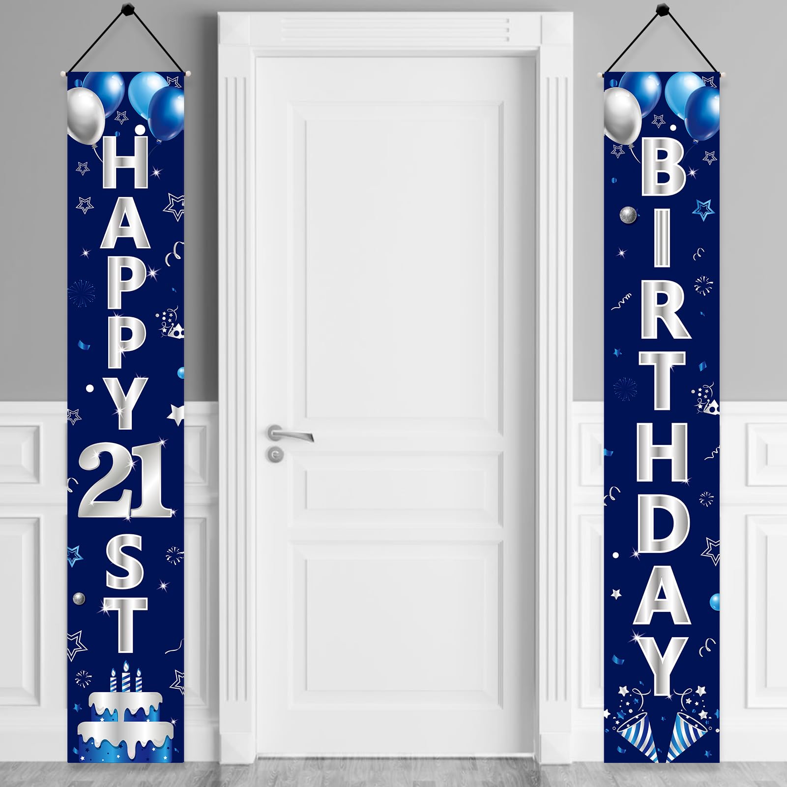 Turypaty Blue Silver 21St Birthday Door Banner Decorations, Happy 21 Birthday Party Porch Banner For Men, 21 Year Old Birthday P