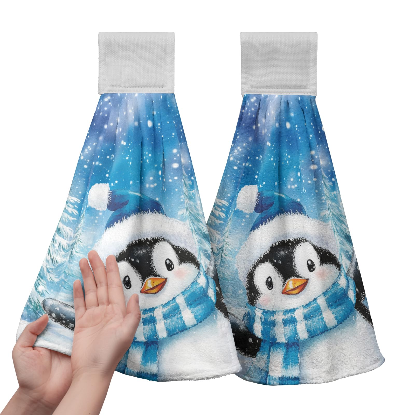 Winter Penguin Blue Kitchen Hanging Towels Set Of 2 Cute Snowman Snowflakes Christmas Hand Towels With Hanging Loop Tea Bar Dish