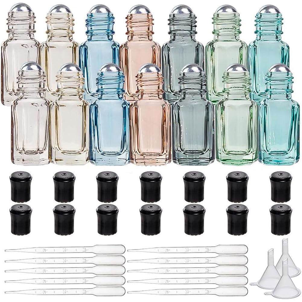 BENECREAT 14 Packs 3ml Multicolor Travel Essential Oil Roller Bottle Mini Glass Cosmetic Vials with Opener, Dropper and Funnel 