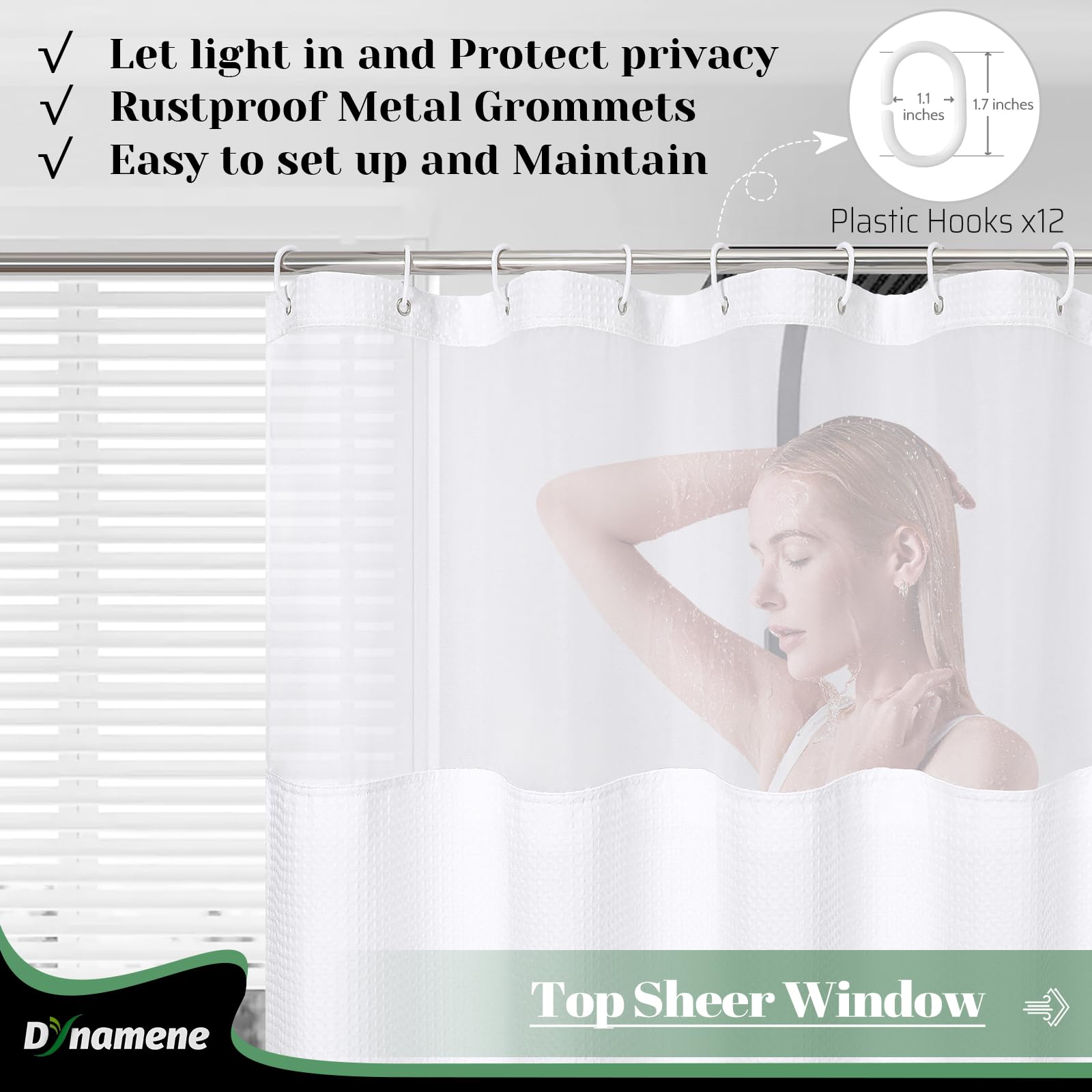 Dynamene Fabric Shower Curtain With Snap In Liner, White Waffle Hotel Shower Curtains For Bathroom, Washable Waterproof Cloth Sh