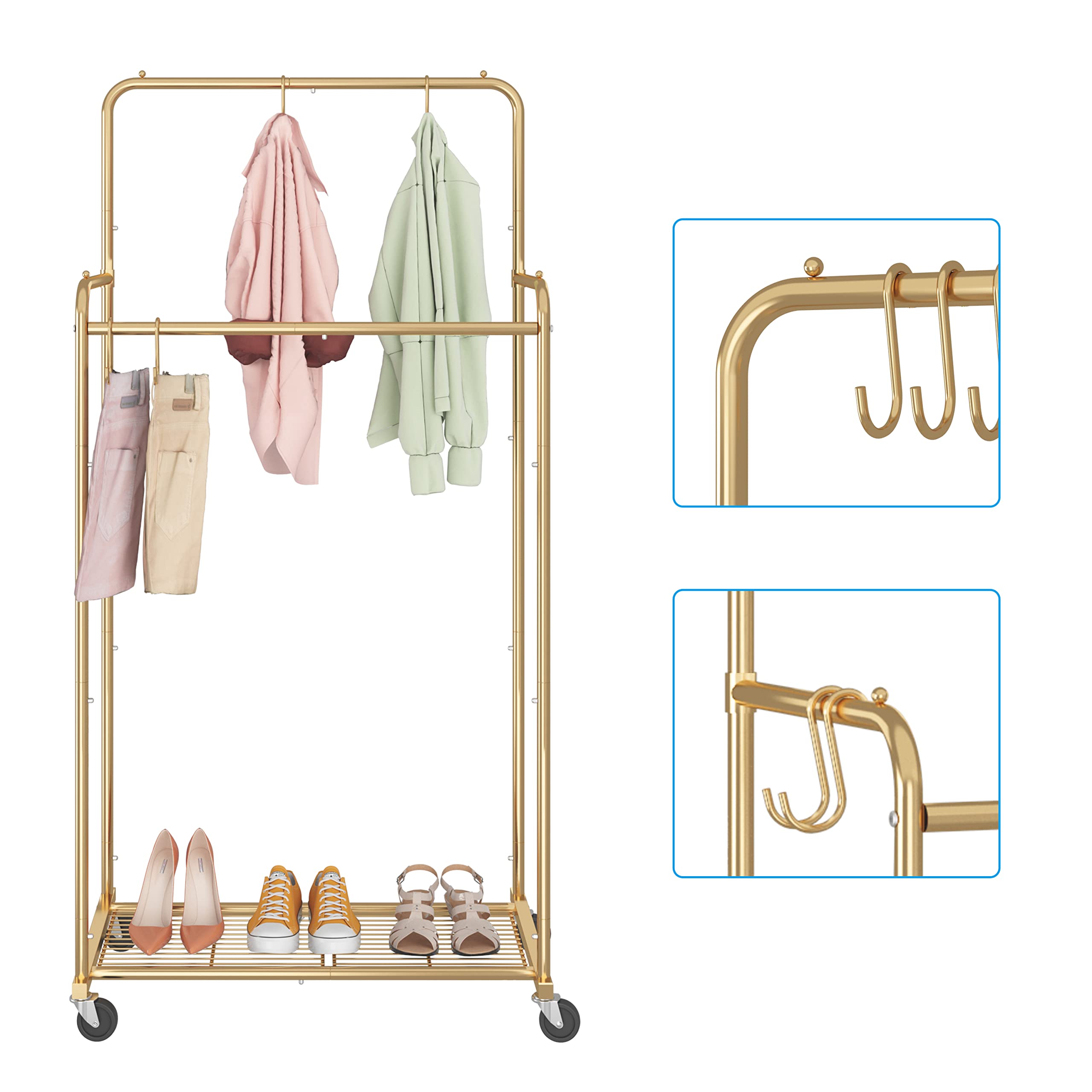 Simple Trending Double Rod Clothes Garment Rack, Heavy Duty Clothing Rolling Rack On Wheels For Hanging Clothes,With 4 Hooks, Go