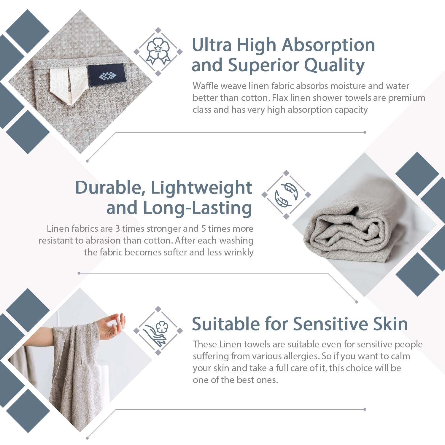 Pure 100% Linen Hand Towels - Set Of 2 Linen Kitchen Towels Waffle Weave Natural Color - 13 X 29-Inch Soft Lightweight Stone-Was