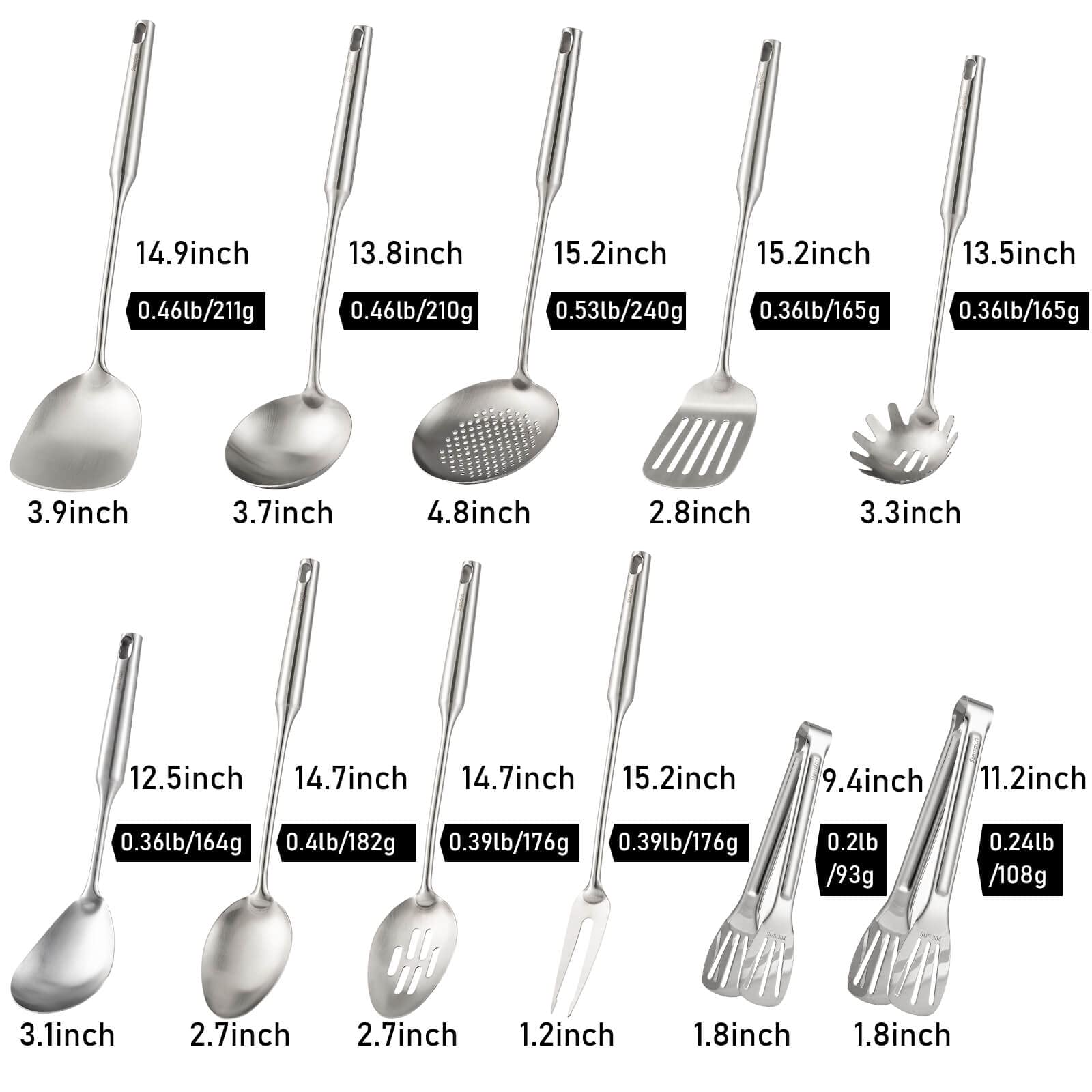304 Stainless Steel Kitchen Utensils Set, 11 Pcs All Metal Cooking Spoons - 2 Tongs, Fork, Solid Spoon, Slotted Spoon, Spatula,