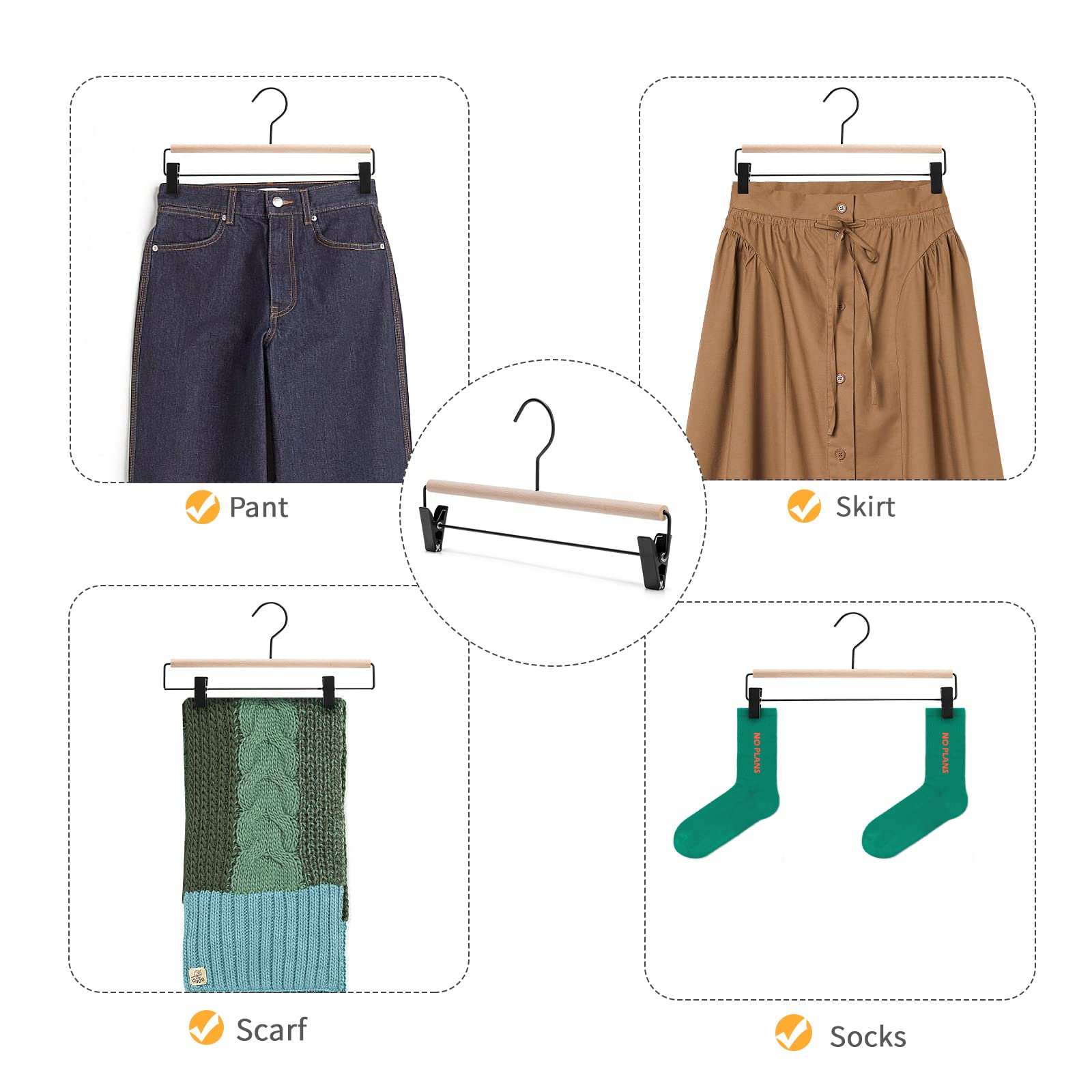 Nature Smile Deluxe Beech Wooden Pants Hangers Bottom Hanger Jeans Hanger Trousers Skirt Hanger With 2-Adjustable Black Matt Cli