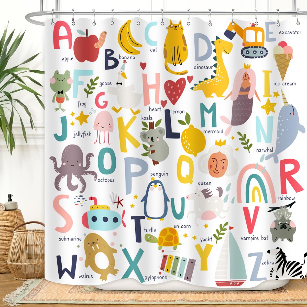 Zxmbf Alphabet Shower Curtain Kids Abc Educational Learning Tool Baby Cartoon Animals Girls Boys Colorful Bathroom Decor Waterpr