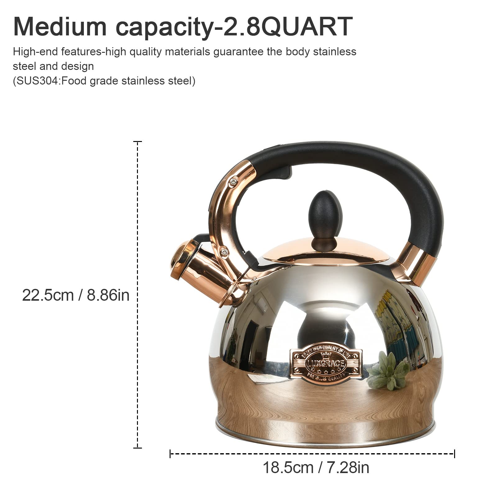 LUXGRACE Stainless Steel Whistling Tea Kettle, 2.8 Quart, Silver, Model T04, Quick Heat Distribution, Metal Capsulated Bottom