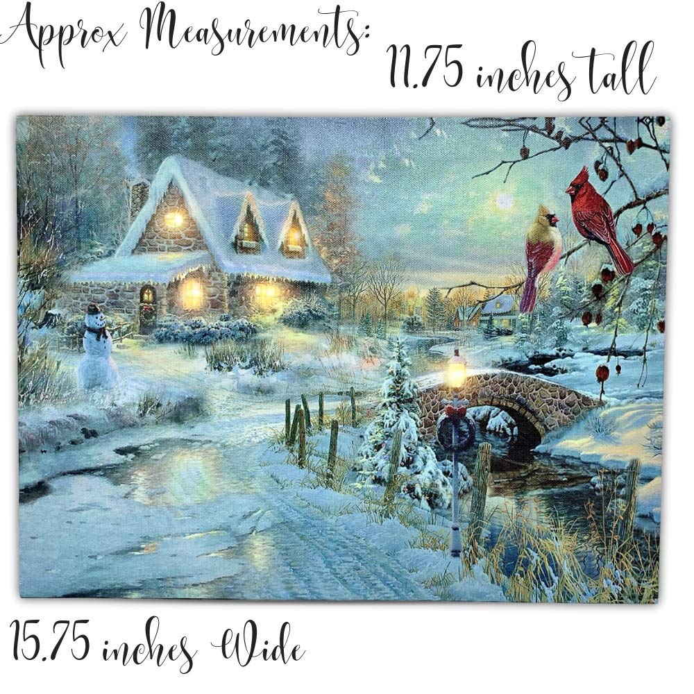 Banberry Designs Lighted Cottage Along A Stream Christmas Scene With Cardinals And Snowman - Led Canvas Art Wall Print - Old Fas