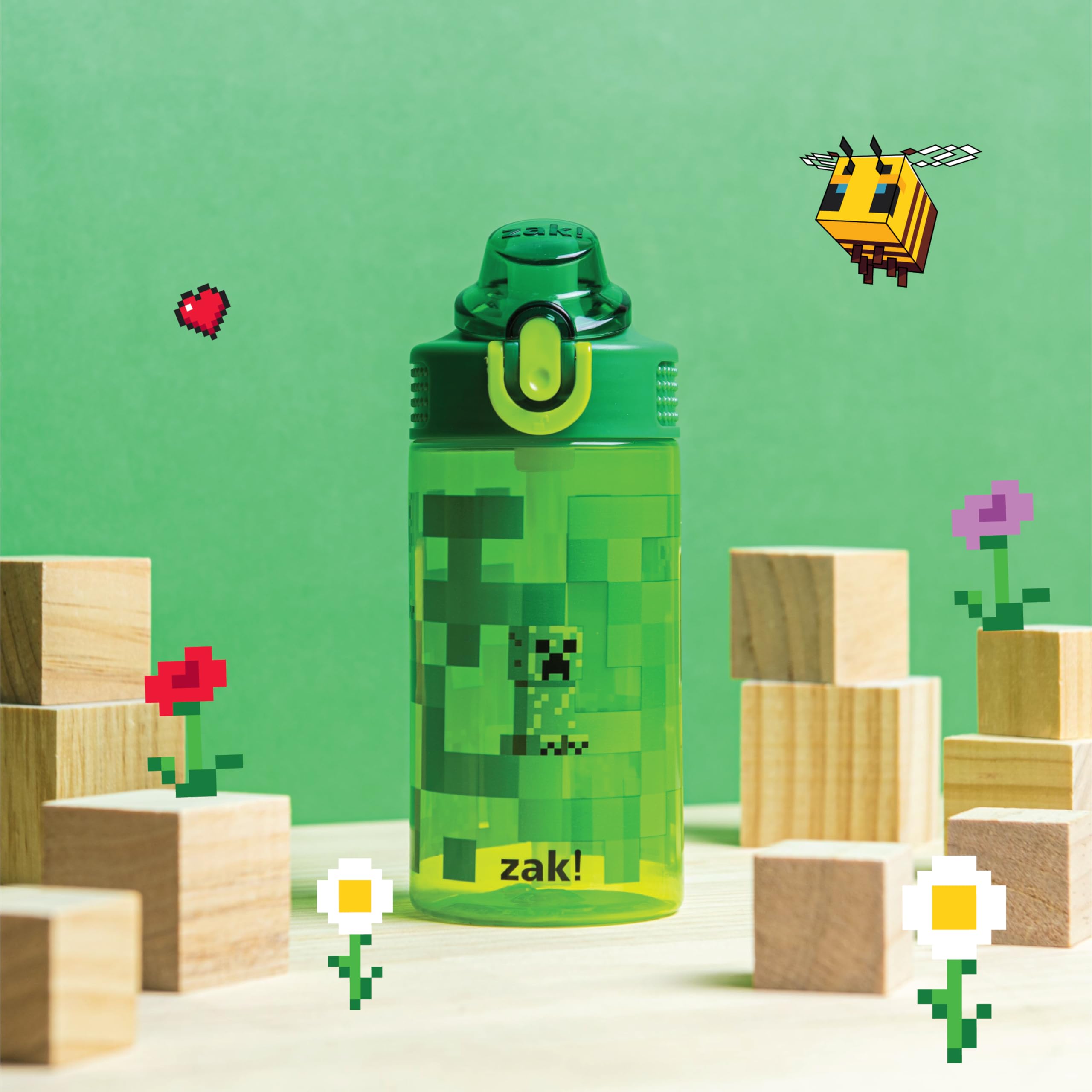 Zak Designs Sage Minecraft Kids Water Bottle For School Or Travel, 16Oz Durable Plastic Water Bottle With Straw, Handle, And Lea