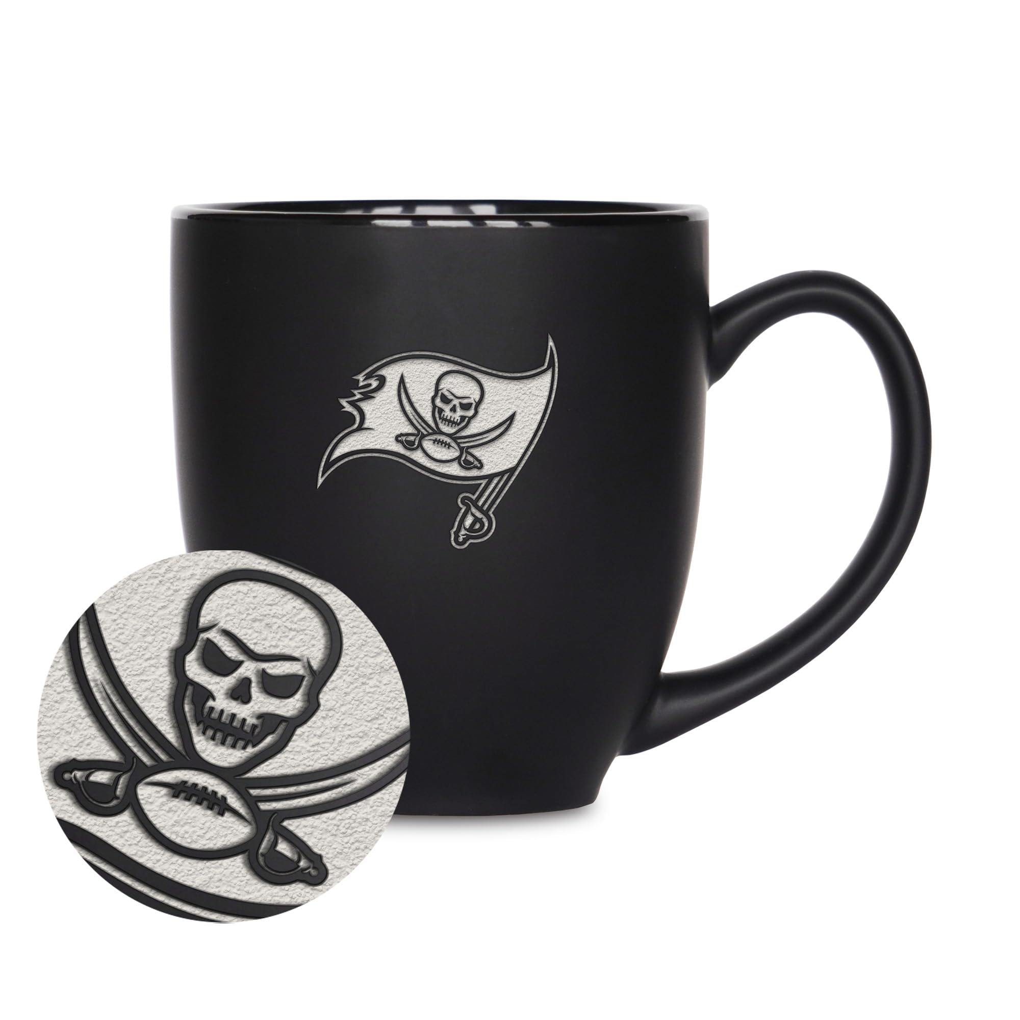 Rico Industries NFL Football Tampa Bay Buccaneers Main 15oz Laser Engraved Matte Black Ceramic Bistro Mug - For Hot or Cold Drin