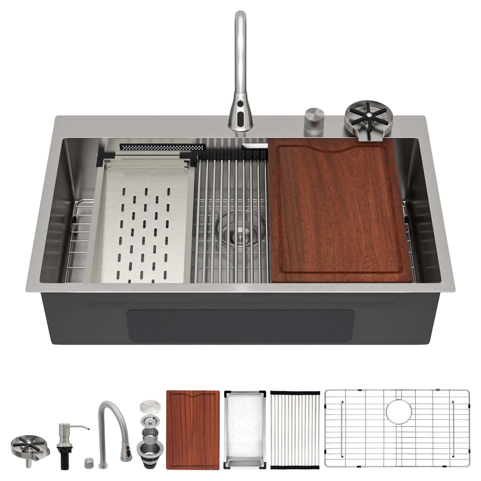 Lofeyo 36x22x9 Drop In Waterfall Kitchen Sink with Faucet, Multifunctional Topmount Sinks, Smart Kitchen Sink 16-Gauge Stainless