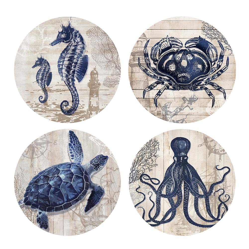Absorbent Coasters Natural Ceramic Thirsty Stone Navy Blue Octopus Seahorse Crab Turtle Ocean Theme Coaster Set For Drinks Cork