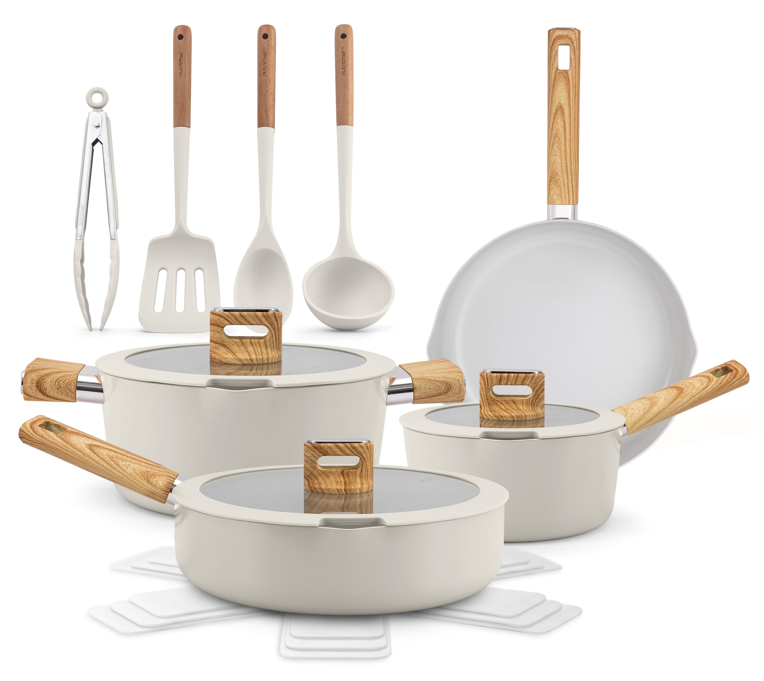 NutriChef Ceramic Cookware Set with Cooking Utensils, 14-Piece Nonstick Cookware Set with Glass Lids, Compatible with All Cookto