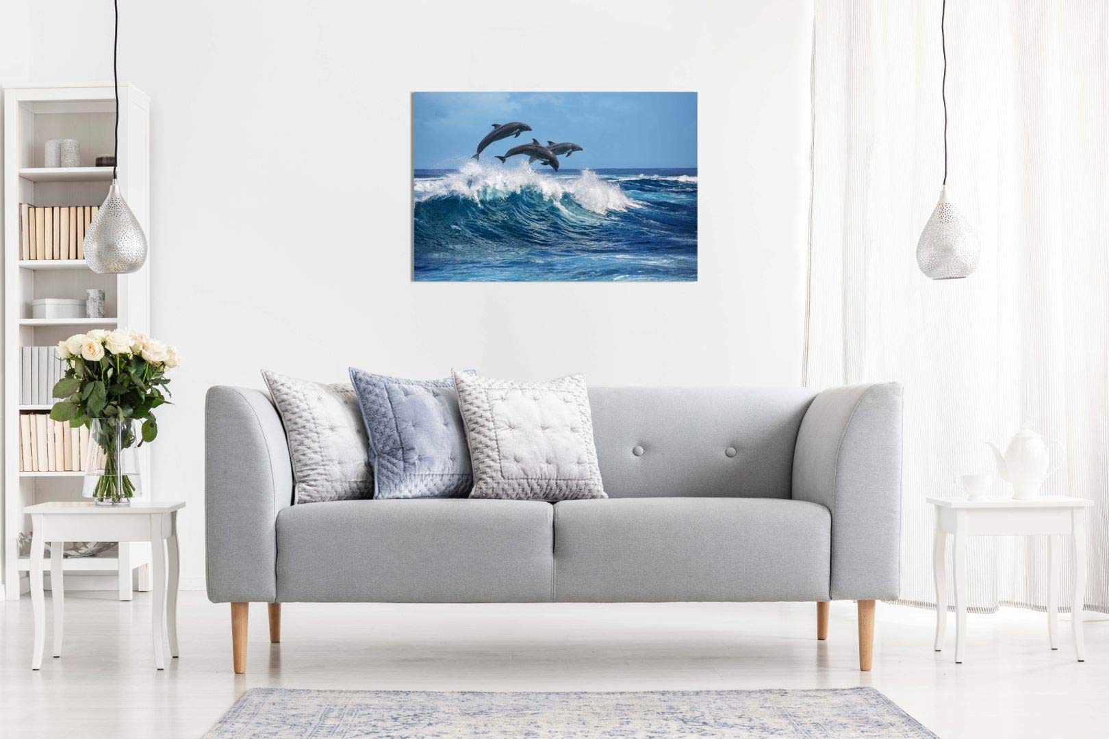 Dolphins Jumping Over Blue Waves Ocean Wildlife Canvas Wall Art Picture Print (24X16)