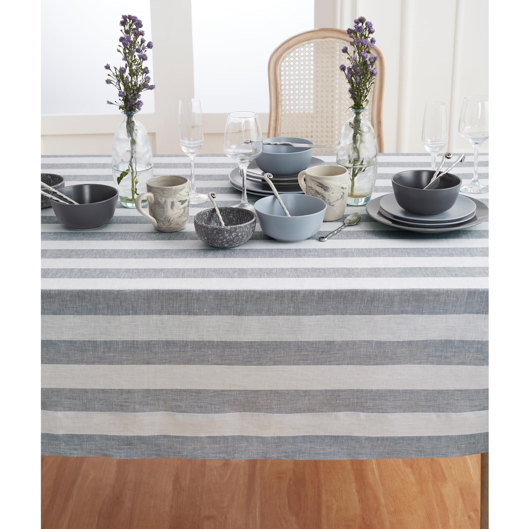 Solino Home Cabana Stripe Linen Tablecloth 120'' L X 60'' W Inch - 100% Pure Linen Grey And White Tablecloth For Spring, Easter