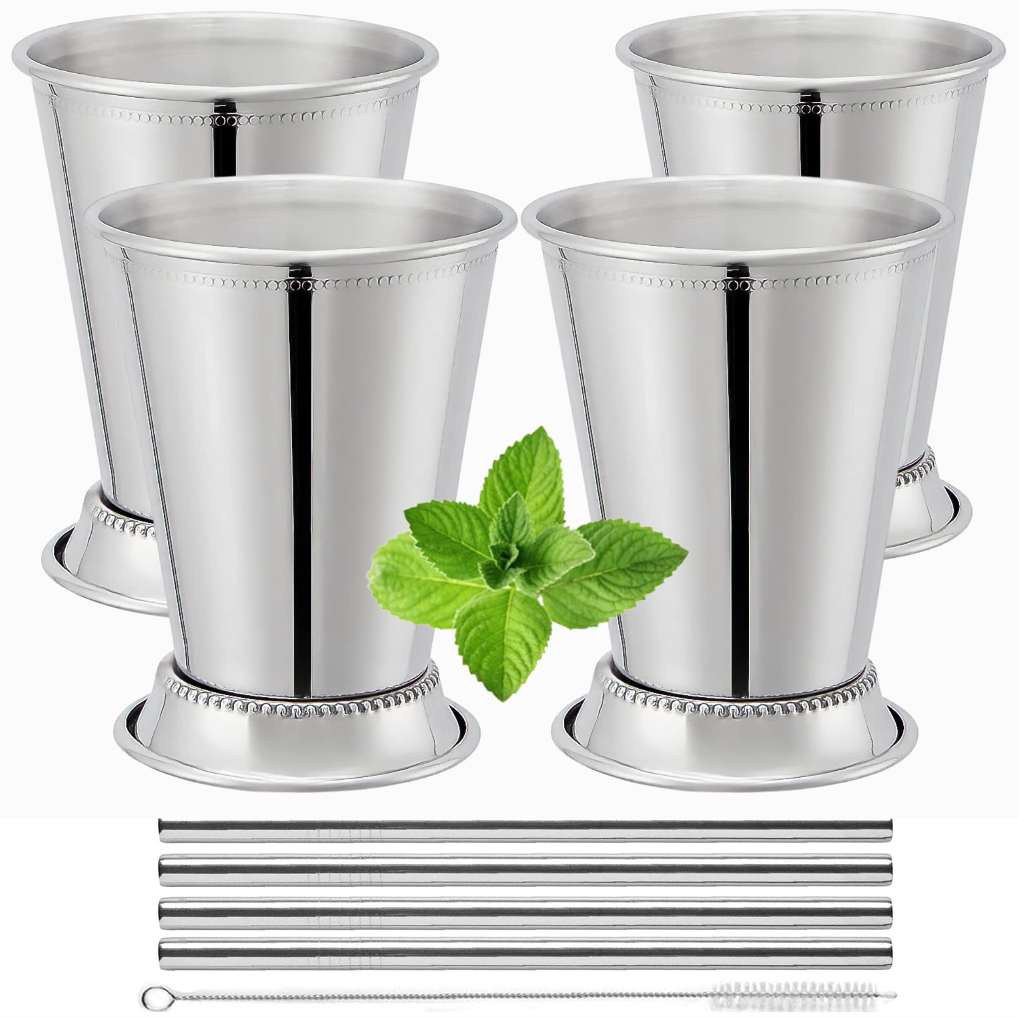Mint Julep Cups Set Of 4 With Straws - Stainless Steel Mint Julep Cup - Mint Julep Glasses - 12Oz Commercial Grade Cups - Metal