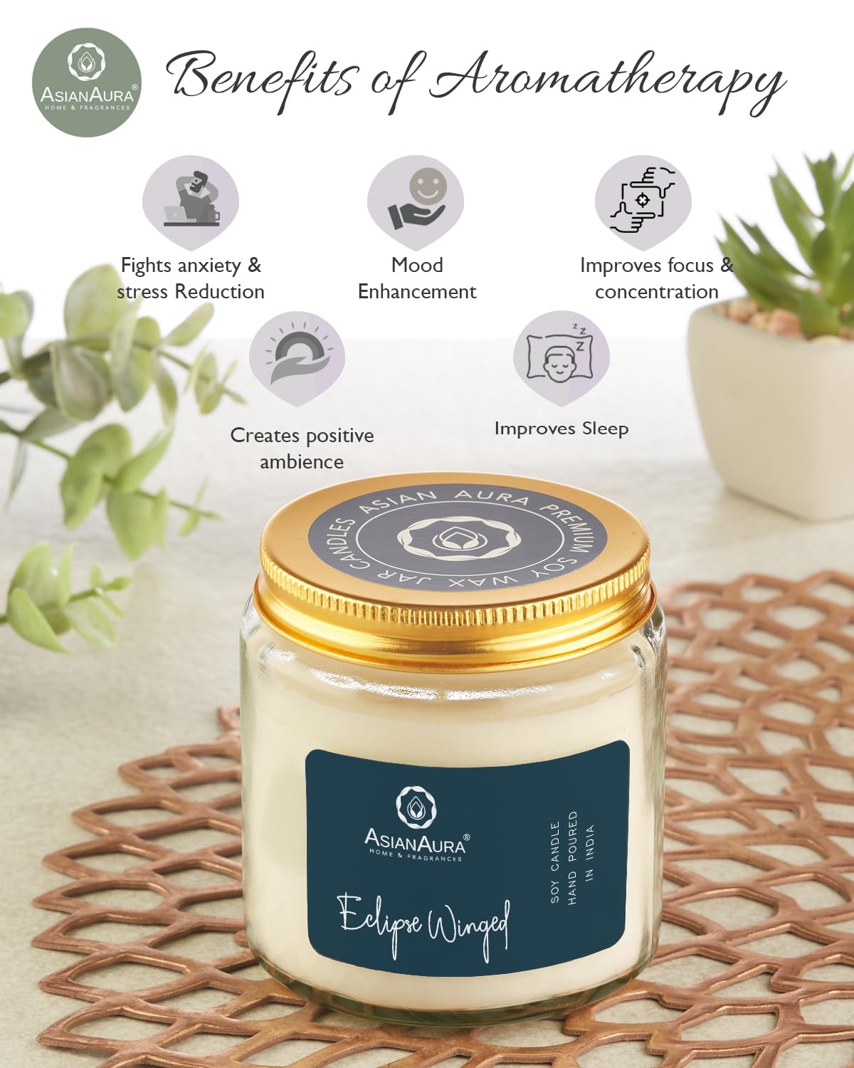 Asian Aura Scented Glass Jar Candle - 450g (Gross Wt.) - Eclipse Winged |36 Hours Burn Time |Smoke-Free Aroma Candle for Home Fr