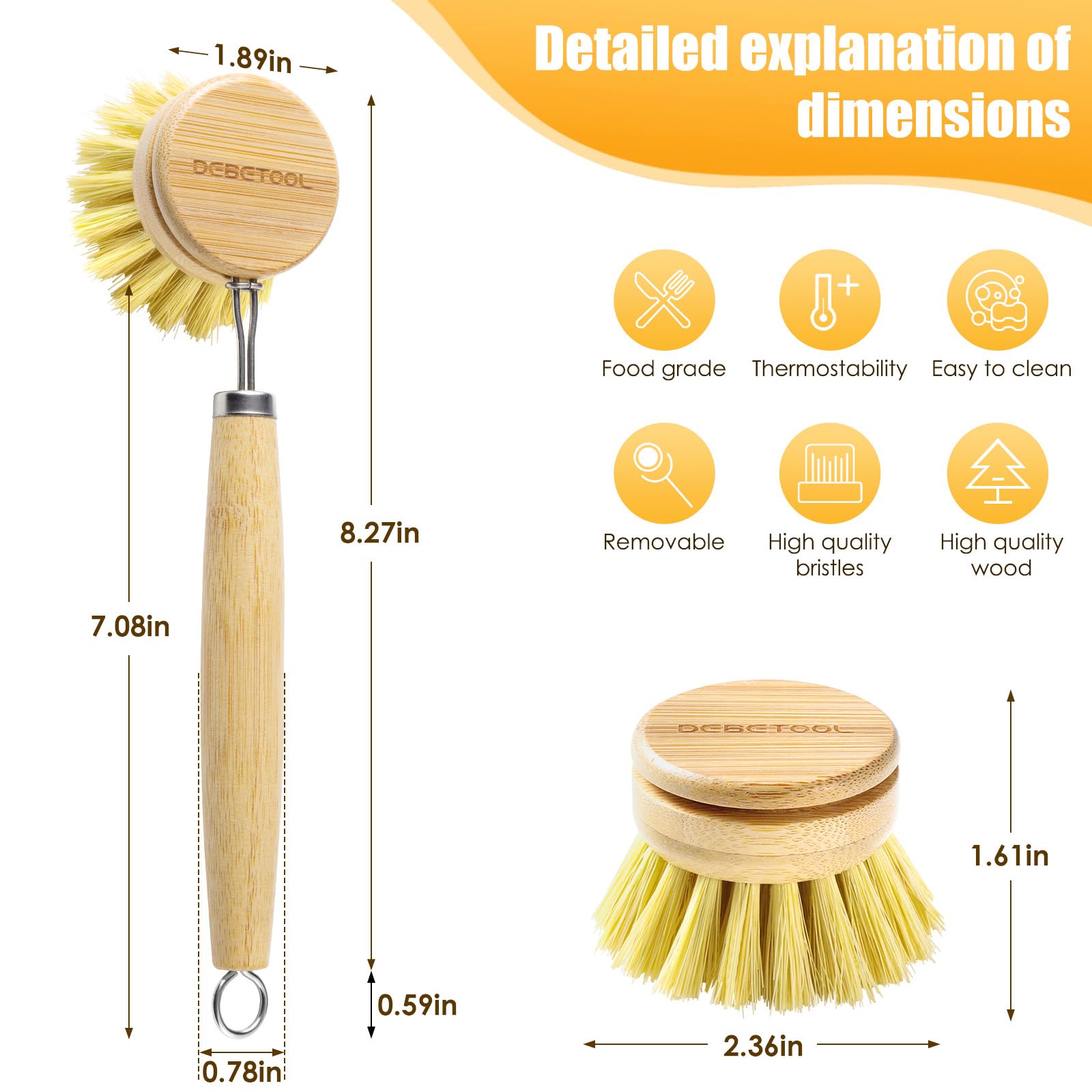 Debetool Bamboo Pot Dish Brush,3 Pack Natural Wooden Scrub Brush With Sisal Fiber,Suitable For Dishes,Pans,Pot And Other Utensil