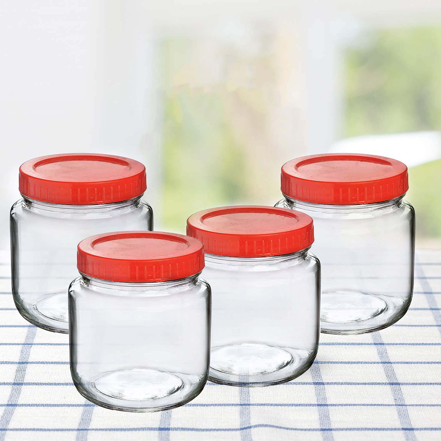 CLOUDMART 4 pcs Aahar Jar with Red Lid | Lentils, Food, Pickles, Spices, Sweets, Snacks, Rice, Kitchen Storage Container (Set Of