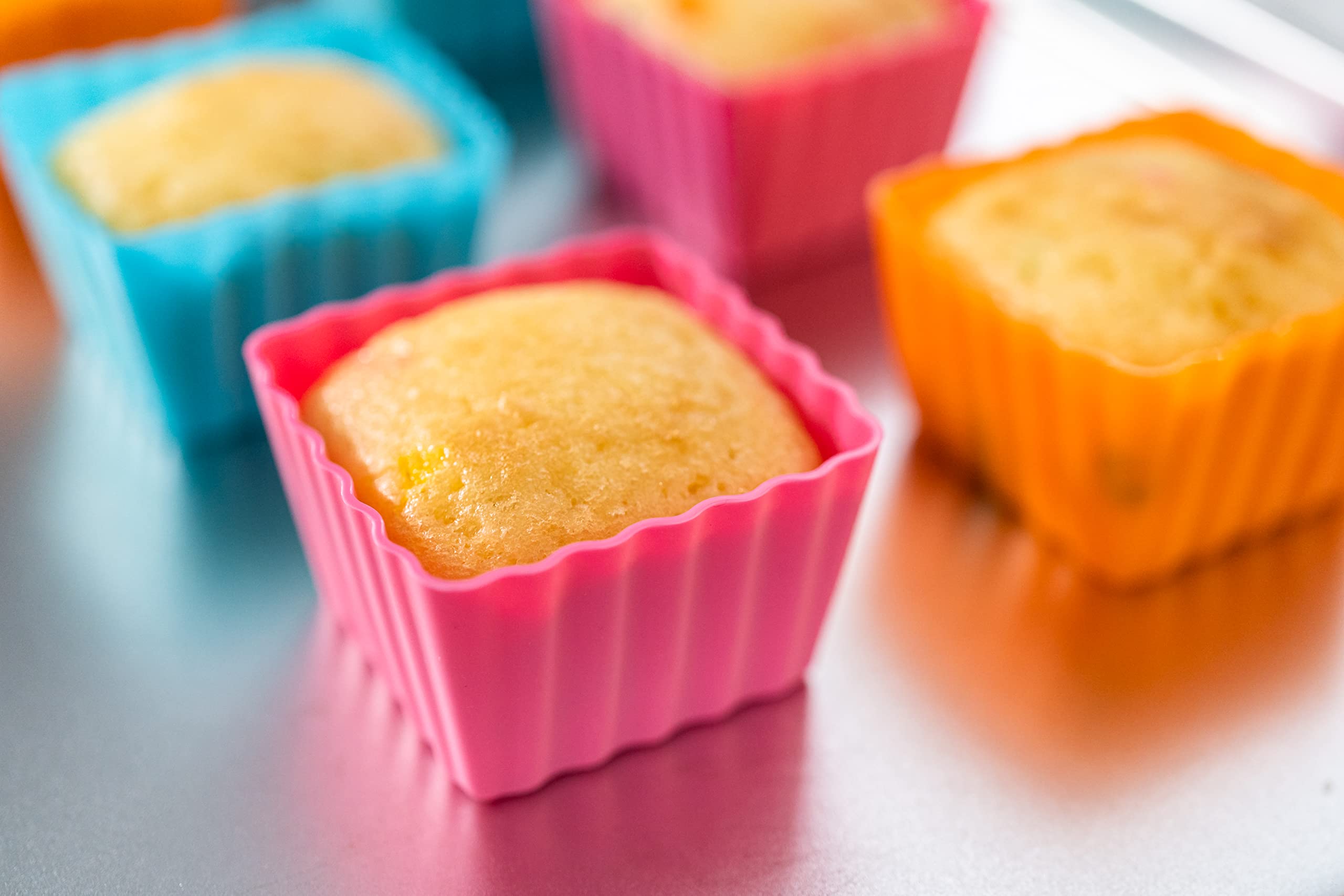 Bakerpan Silicone Square Molds For Baking, Baking Cups, Mini Cake Molds, Square Cupcake Liners, 1.5 Inch Square Cups - Set Of 12