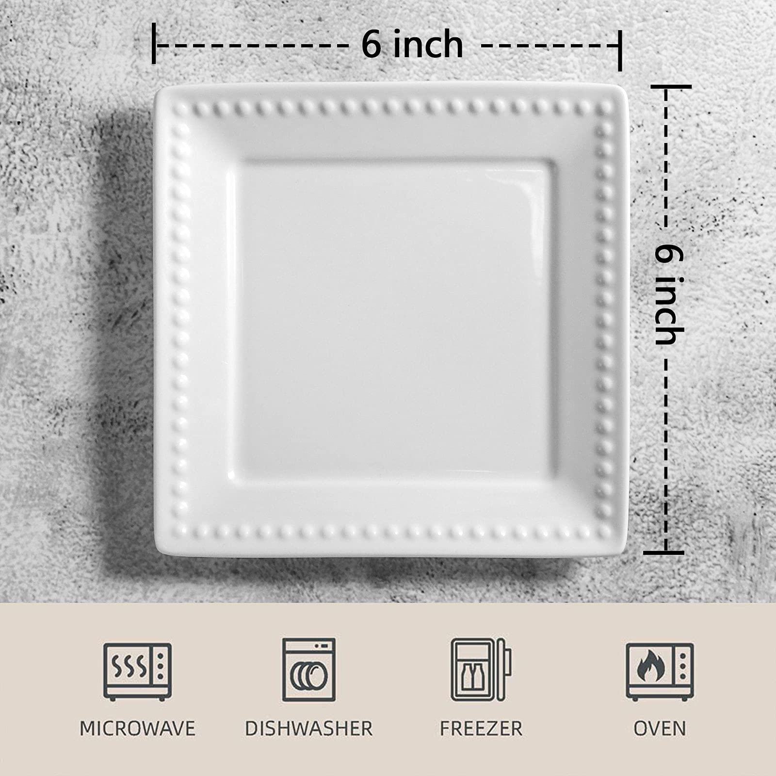 Wareland Appetizer Plates, Embossed Ceramic Dessert Plates, Salad Plates Set Of 6, 6 Inch White Square Dinner Plates For Snack,