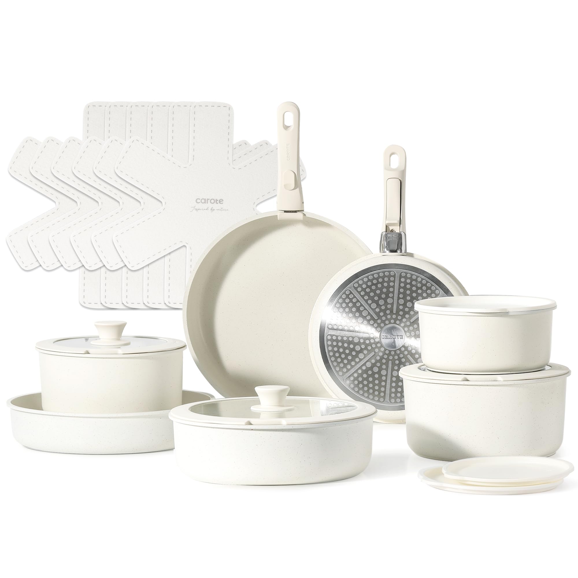 CAROTE 21pcs Detachable Handle Pots and Pan Set, Nonstick Induction Cookware, Removable Handle, RV Oven Safe Cookware, Cream Whi