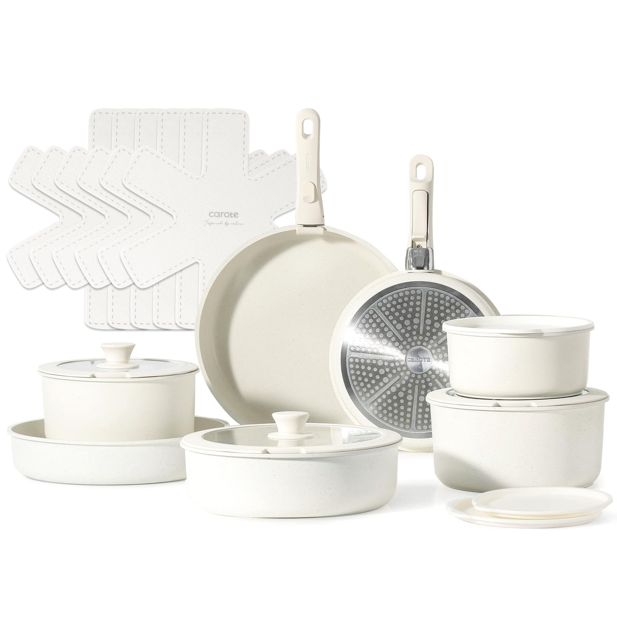 CAROTE 21pcs Detachable Handle Pots and Pan Set, Nonstick Induction Cookware, Removable Handle, RV Oven Safe Cookware, Cream Whi