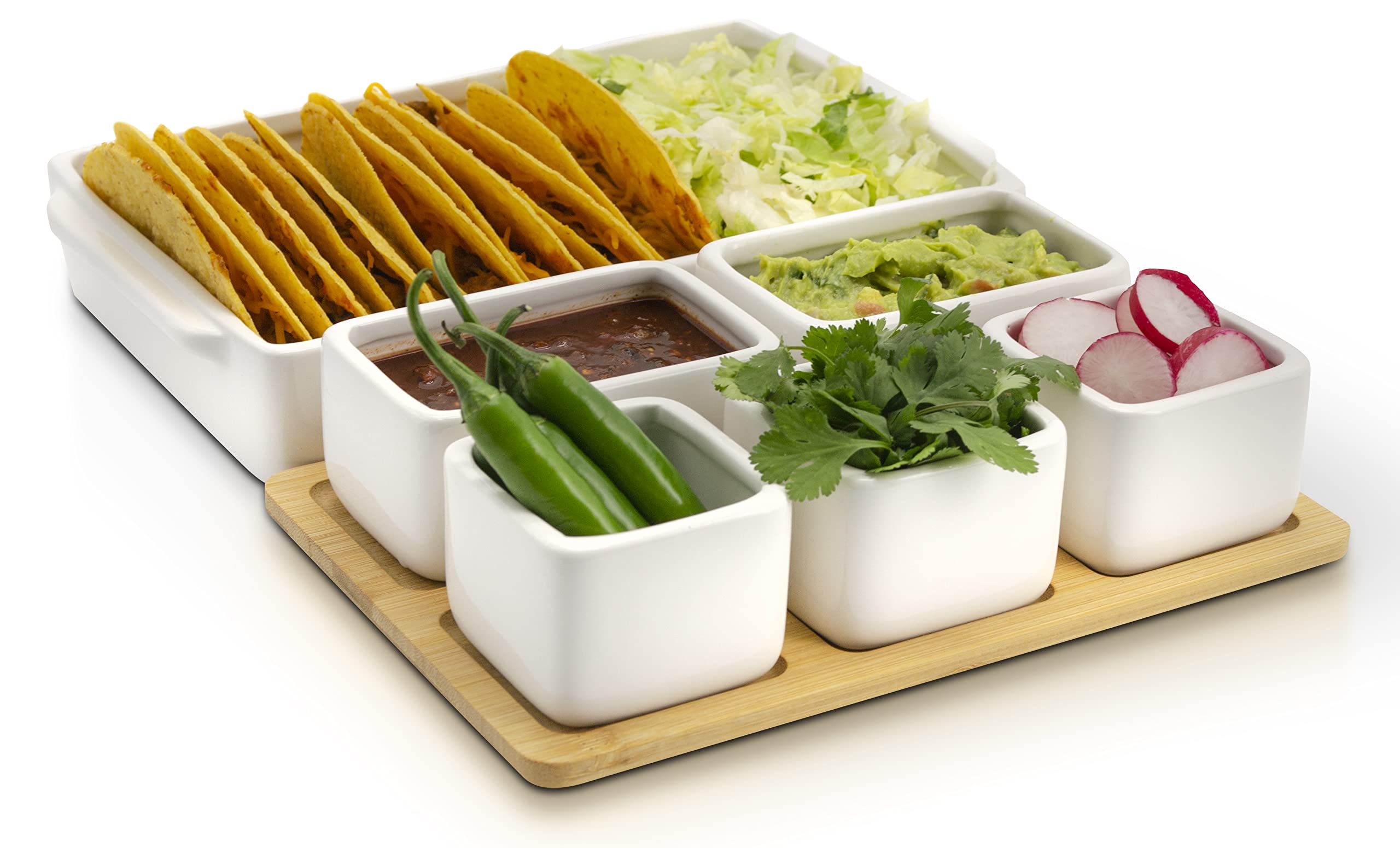Eternal Living Appetizer Serving Tray Condiment Server With Bamboo Tray 7 Pieces Set, Ceramic