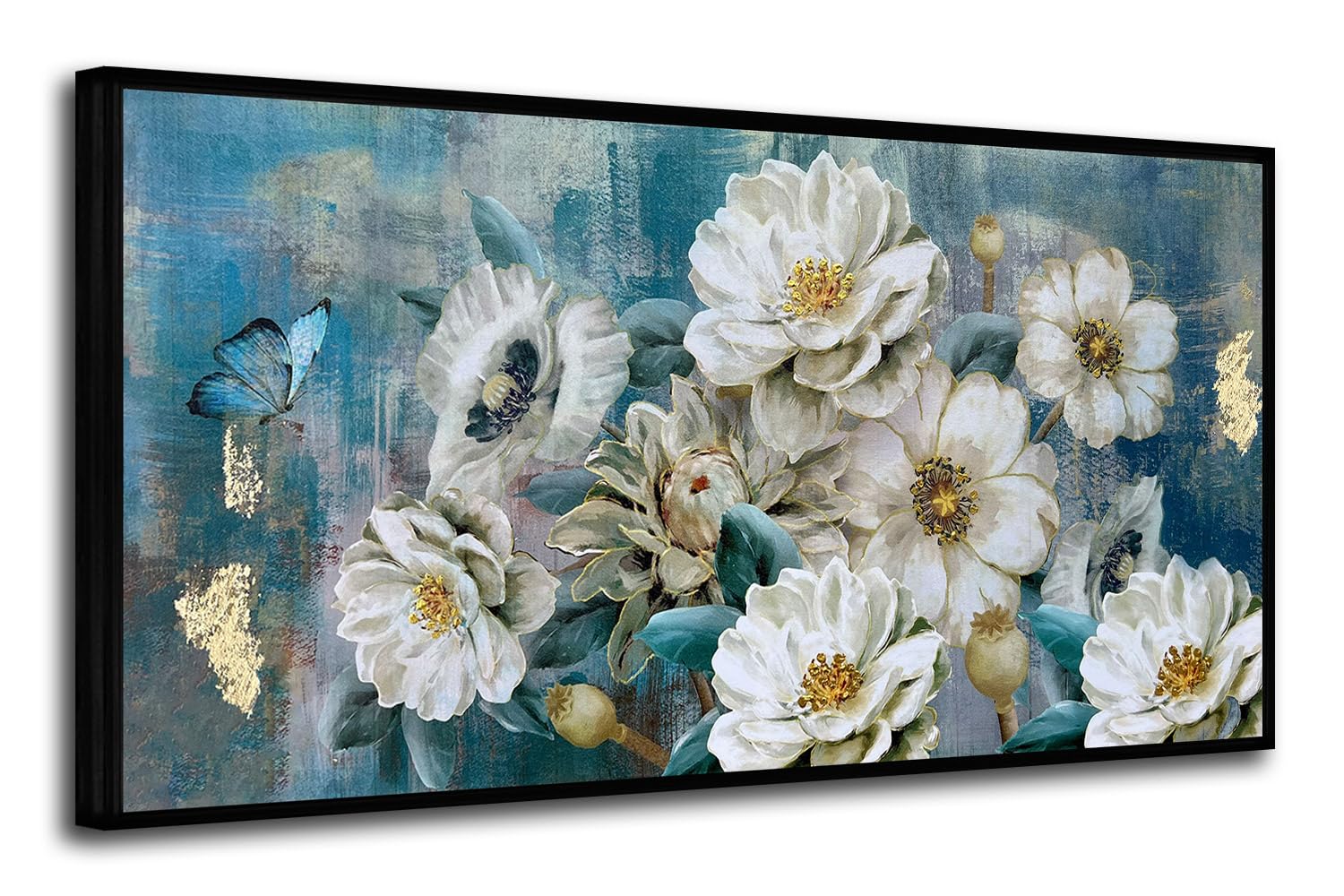 Arjun Flowers Canvas Wall Art White Elegant Modern Picture Gold Foil Colorful Painting Turquoise Floral Teal Artwork for Living Room Bedroom Bathroom Home Office Decor  Black Wood Framed Large 40''x20''