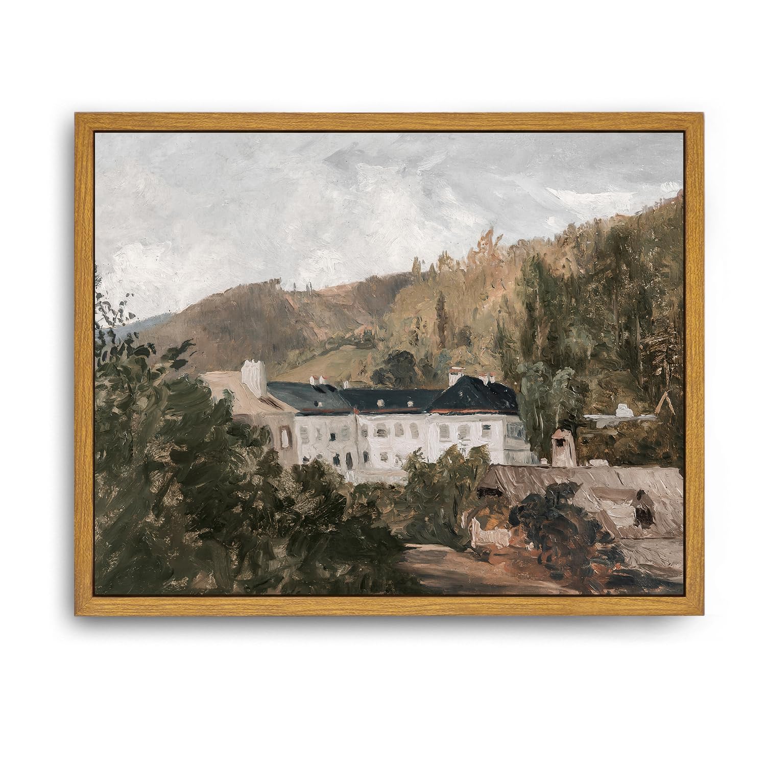 Roslynity Framed Canvas Wall Art Vintage Print Oil Paintings European Villa Landscape French Country Antique Retro Aesthetic Art