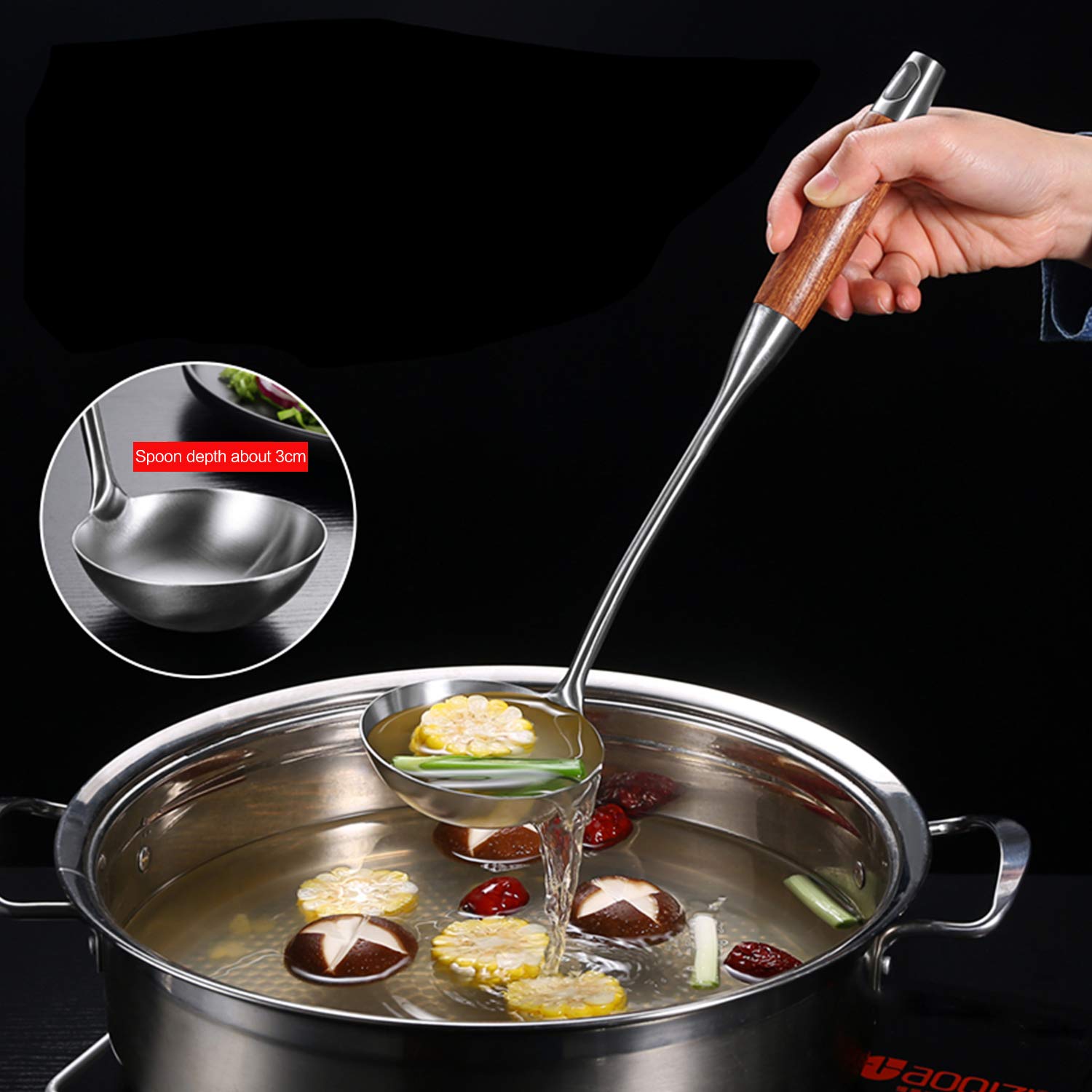 Wok Spatula & Ladle Tool Set, Aoosy 18/10 Stainless Steel Cooking Utensils, Wooden Handle Wok Utensils Soup Ladle 15 Inches Set