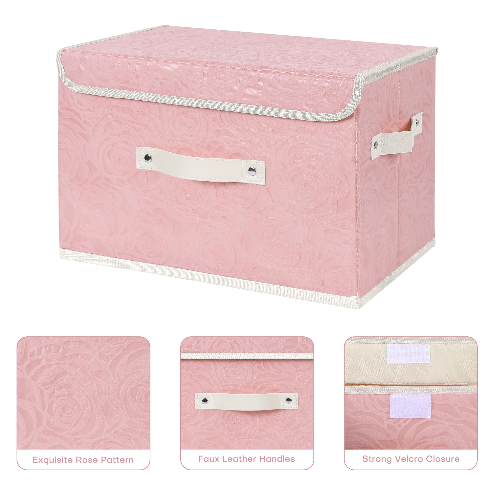 Anminy Fabric Storage Bin With Lid Rose Print Storage Box Basket With Pu Leather Handles Washable Pp Plastic Board Decorative Fo