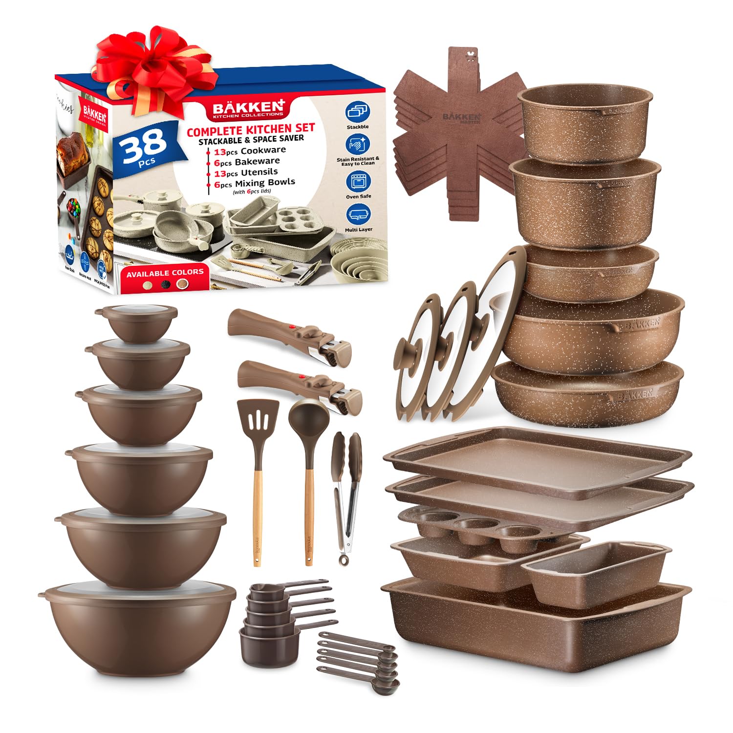 Bakken Master 38 Piece Granite Cookware and Bakeware Set - Nonstick Granite Coating, Pots and Pans with Detachable Handles and T