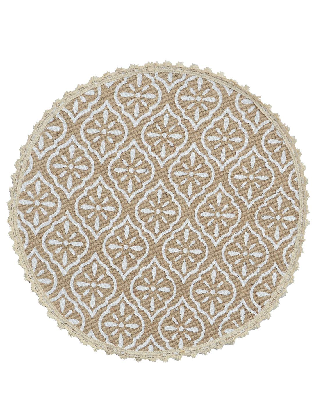 SARAL HOME EASY LIVING White Jute & Cotton Printed Round Table Mat - Pack of 4 PC, 38x38 cm