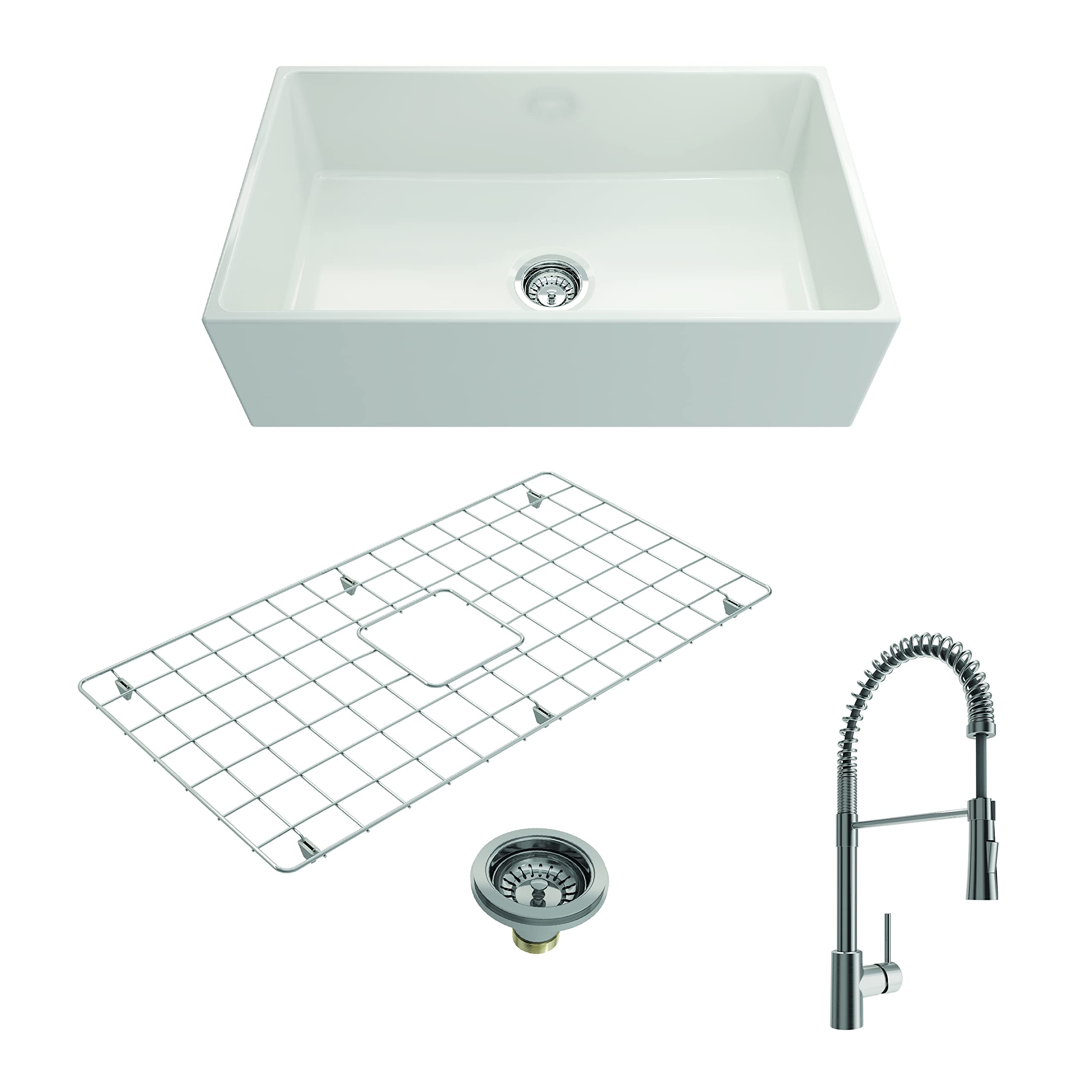 Bocchi Contempo Apron Front Fireclay 33 In. Single Bowl Kitchen Sink In White With Stainless Steel Faucet