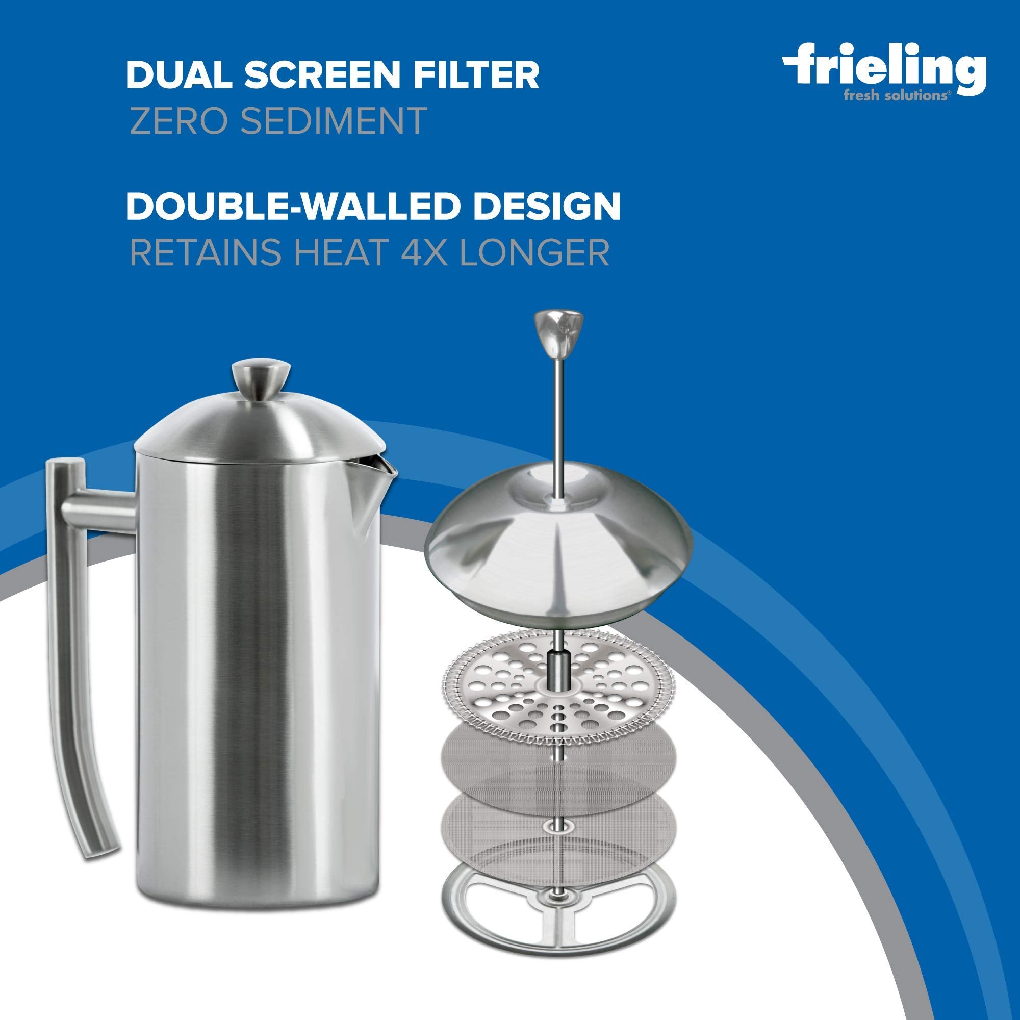 Frieling Double-Walled Stainless-Steel French Press Coffee Maker - Brushed 17 Ounces - Camping French Press - Stainless Steel Co