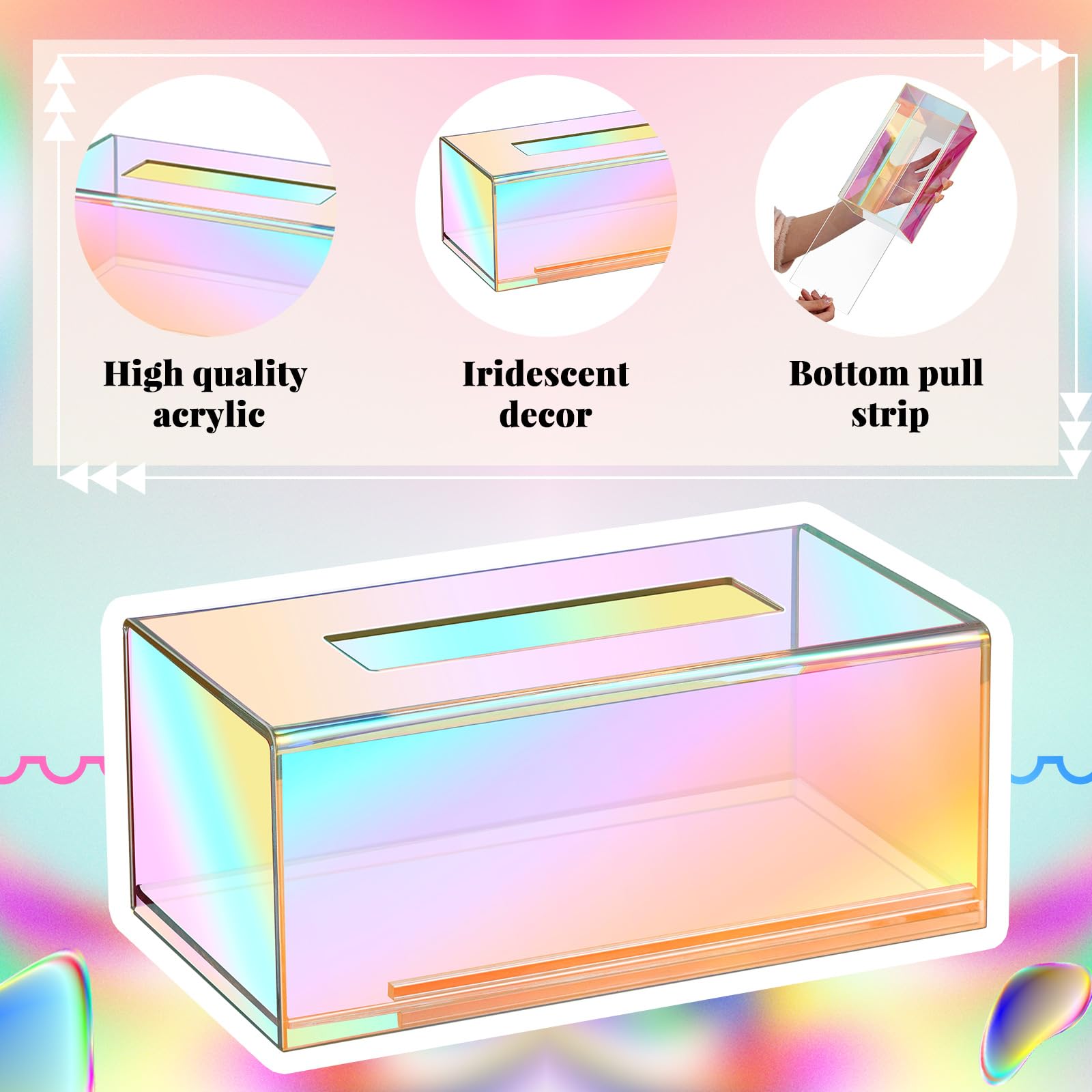 Layhit 2 Pcs Iridescent Tissue Box Acrylic 9.37 X 4.72 X 3.94 Inch Acrylic Clear Tissue Box Dispenser Cute Tissue Box Holder For