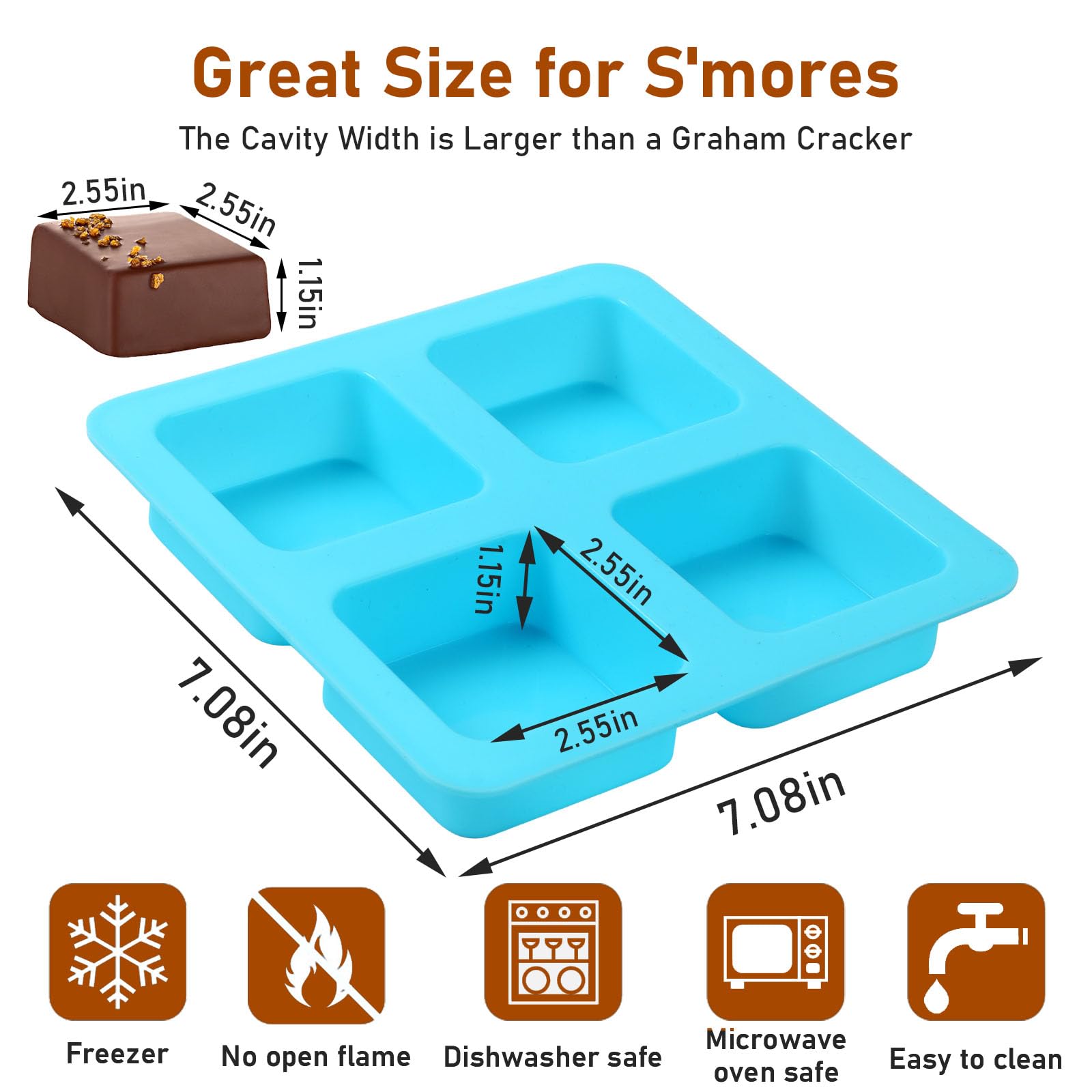 Boardfeb 4 Cavity Chocolate Covered Cookie S'Mores Molds, 3Pcs Silicone Square Molds Reusable Non Stick Silicone Trays For Smore