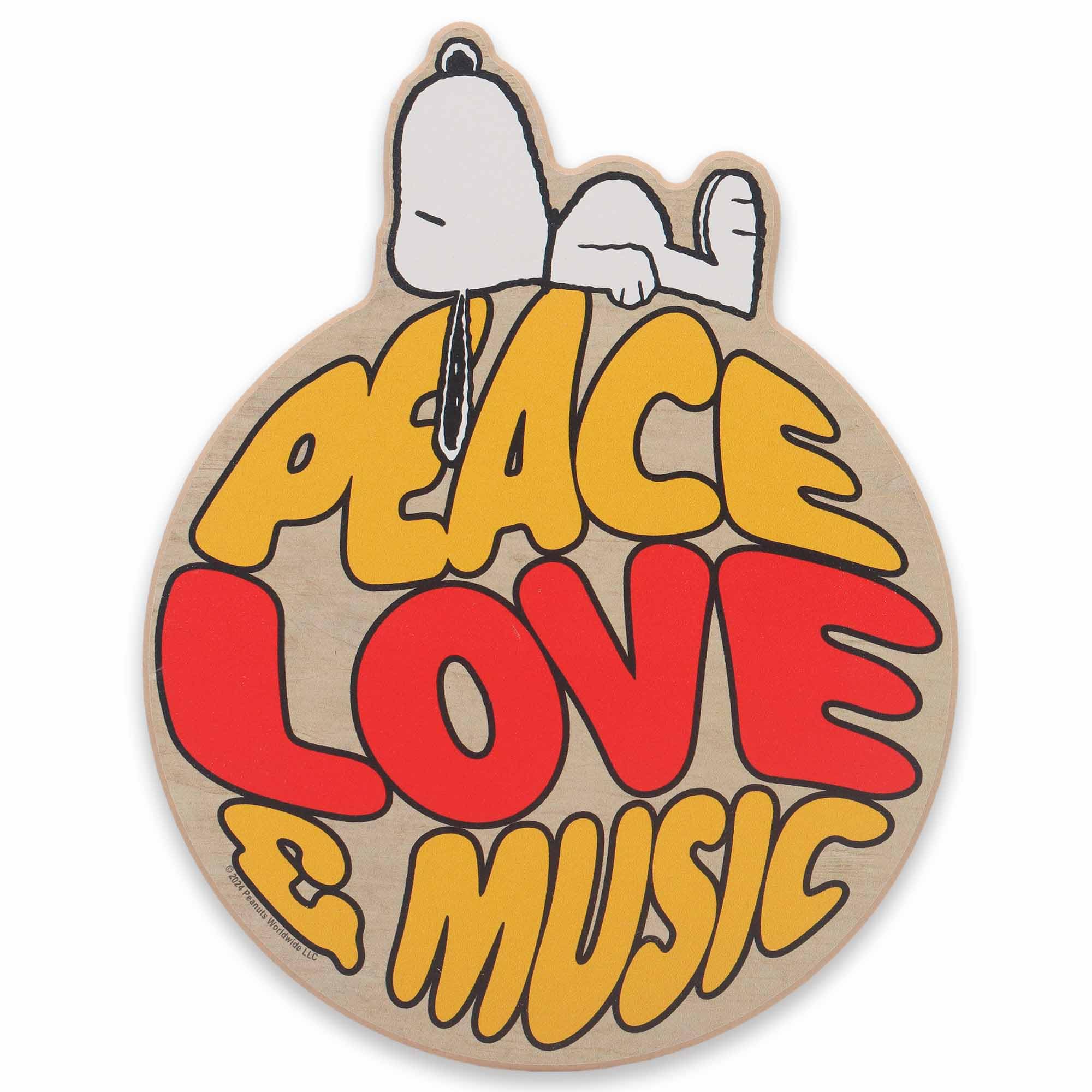 Open Road Brands Peanuts Snoopy Peace Love and Music Round Wood Wall Decor - Fun Snoopy Sign for Home or School